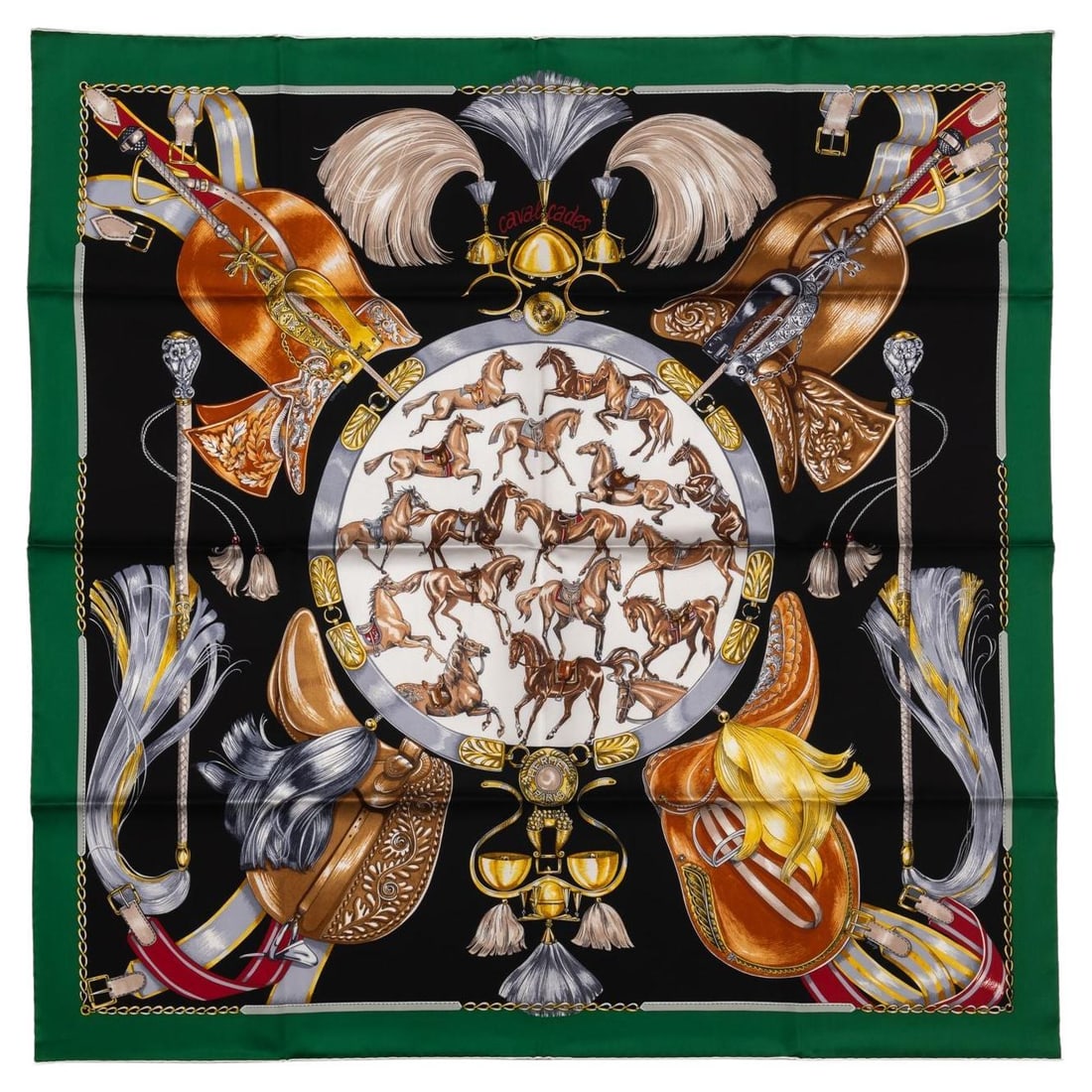 Hermes Carre Caval Cades Silk Scarf 35in NIB France 21st Century: Hermes Carre Caval Cades Silk Scarf 35in NIB France 21st Century This exquisite Hermes Carre Caval Cades Silk Scarf is a standout piece from the 2020 Spring Summer collection. Crafted in France, this 
