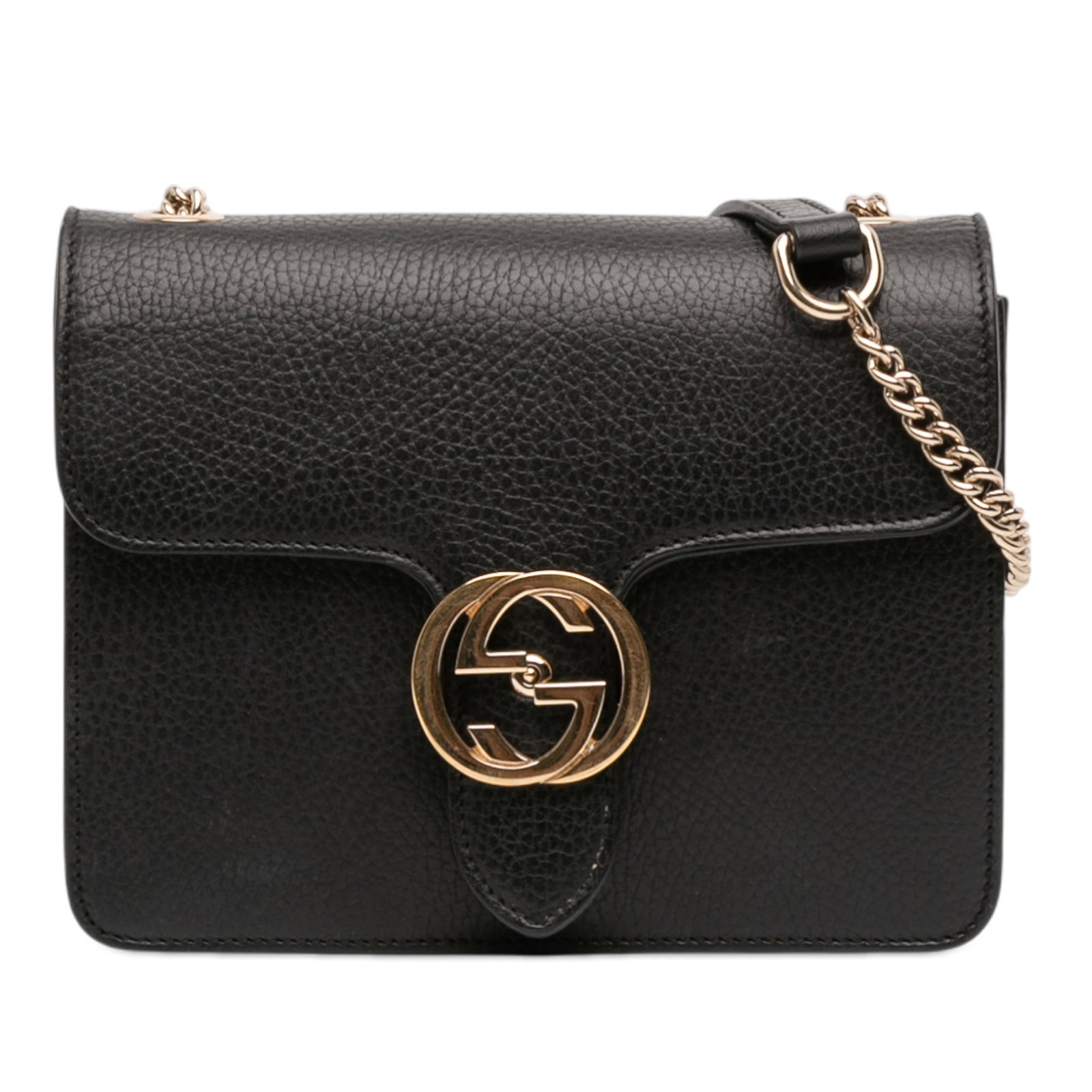 Gucci Interlocking G Black Leather Small Crossbody Bag: Gucci Interlocking G Black Leather Small Crossbody Bag This Gucci Small Dollar Calfskin Interlocking G Crossbody bag features a black leather exterior, a chain-link shoulder strap with a leather shoul