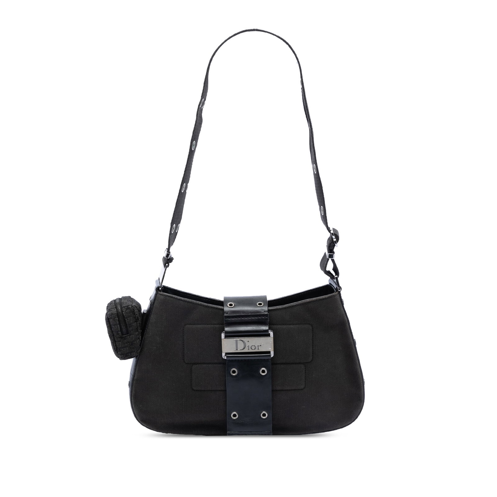 Dior Street Chic Columbus Black Canvas Shoulder Bag with Adjustable Strap: Dior Street Chic Columbus Black Canvas Shoulder Bag with Adjustable Strap The Dior Street Chic Columbus shoulder bag features a black canvas body with an adjustable flat canvas strap, a front flap sec