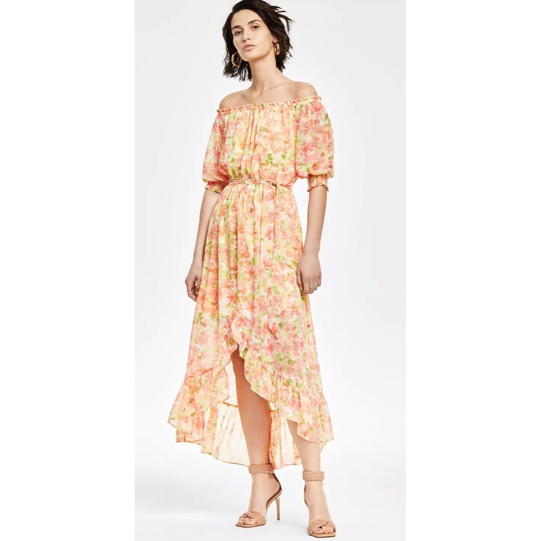 Bar III Floral Off-the-Shoulder Hi-Low Dress Rose Punch S: Bar III Floral Off-the-Shoulder Hi-Low Dress Rose Punch S Elevate your wardrobe with this stunning Bar III Off-the-Shoulder High-Low Dress in a vibrant Floral Print Rose Punch. This dress features a t