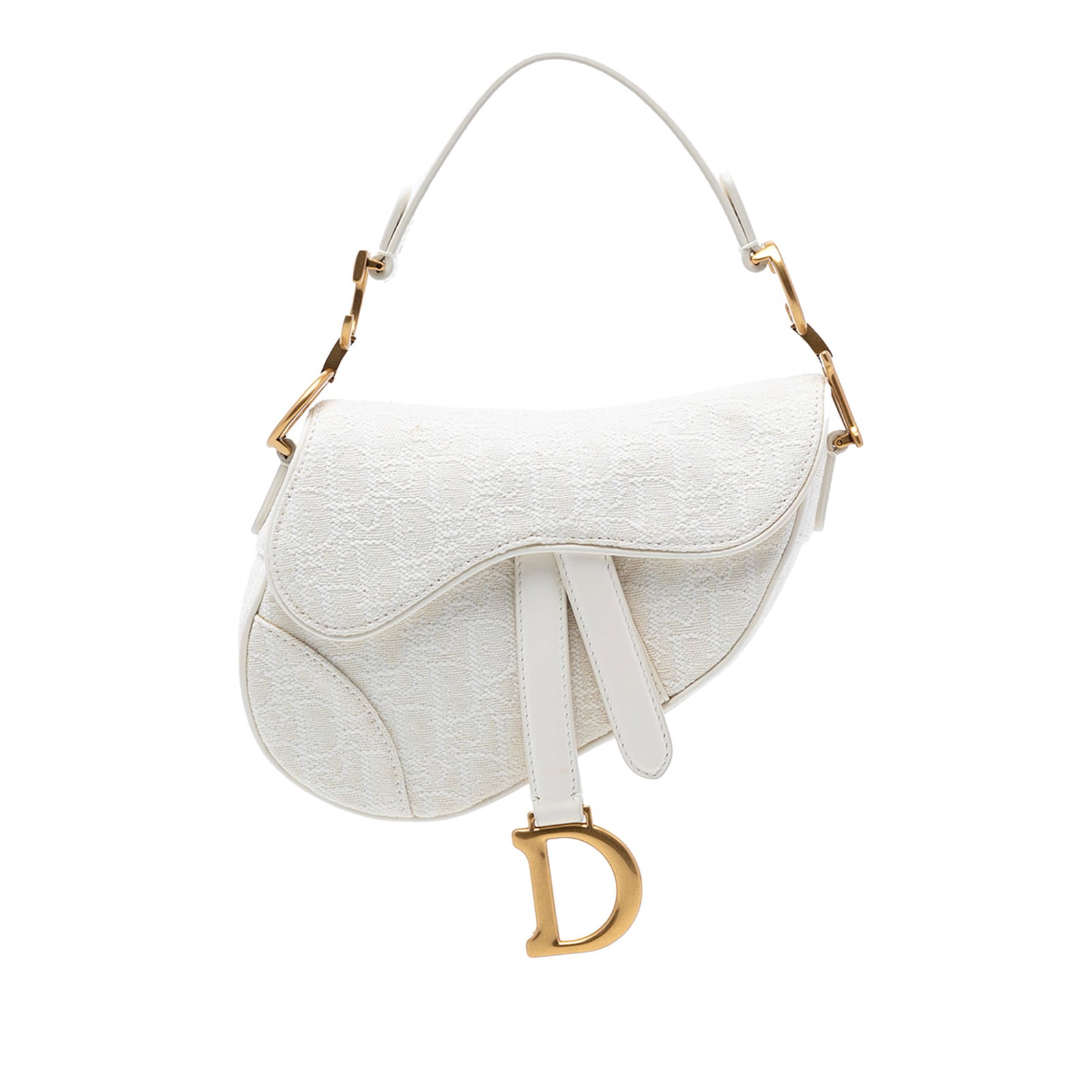 Dior Mini Saddle Bag in Oblique Canvas with Leather Handle: Dior Mini Saddle Bag in Oblique Canvas with Leather Handle This Dior Mini Oblique Canvas Saddle Bag features a canvas body with the signature Oblique pattern, a flat leather handle, and a front flap w