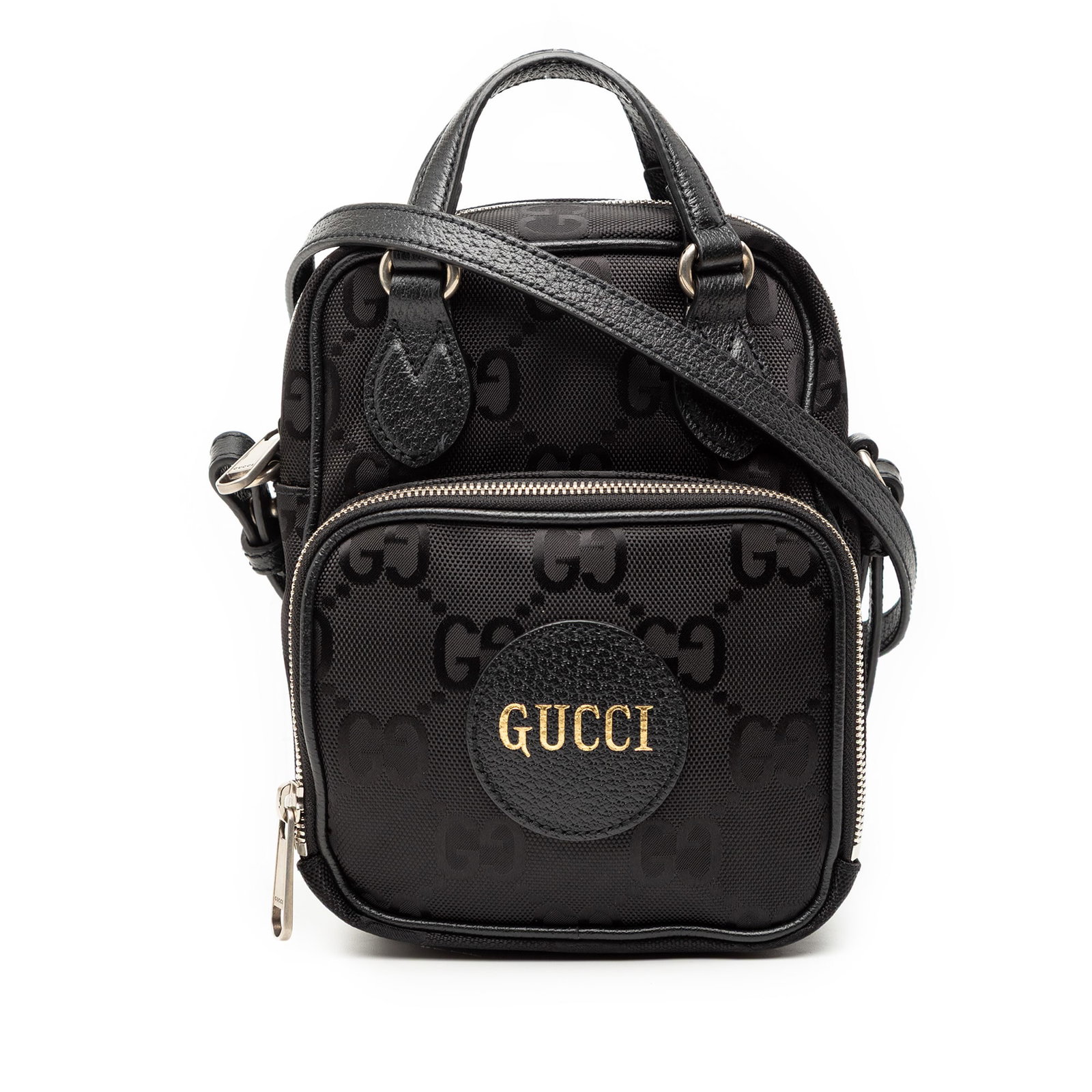 Gucci Off the Grid Black Nylon Satchel with Leather Trim: Gucci Off the Grid Black Nylon Satchel with Leather Trim This Gucci GG Nylon Off The Grid Satchel features a durable nylon body with leather trim, flat top handles, and a detachable, adjustable flat l