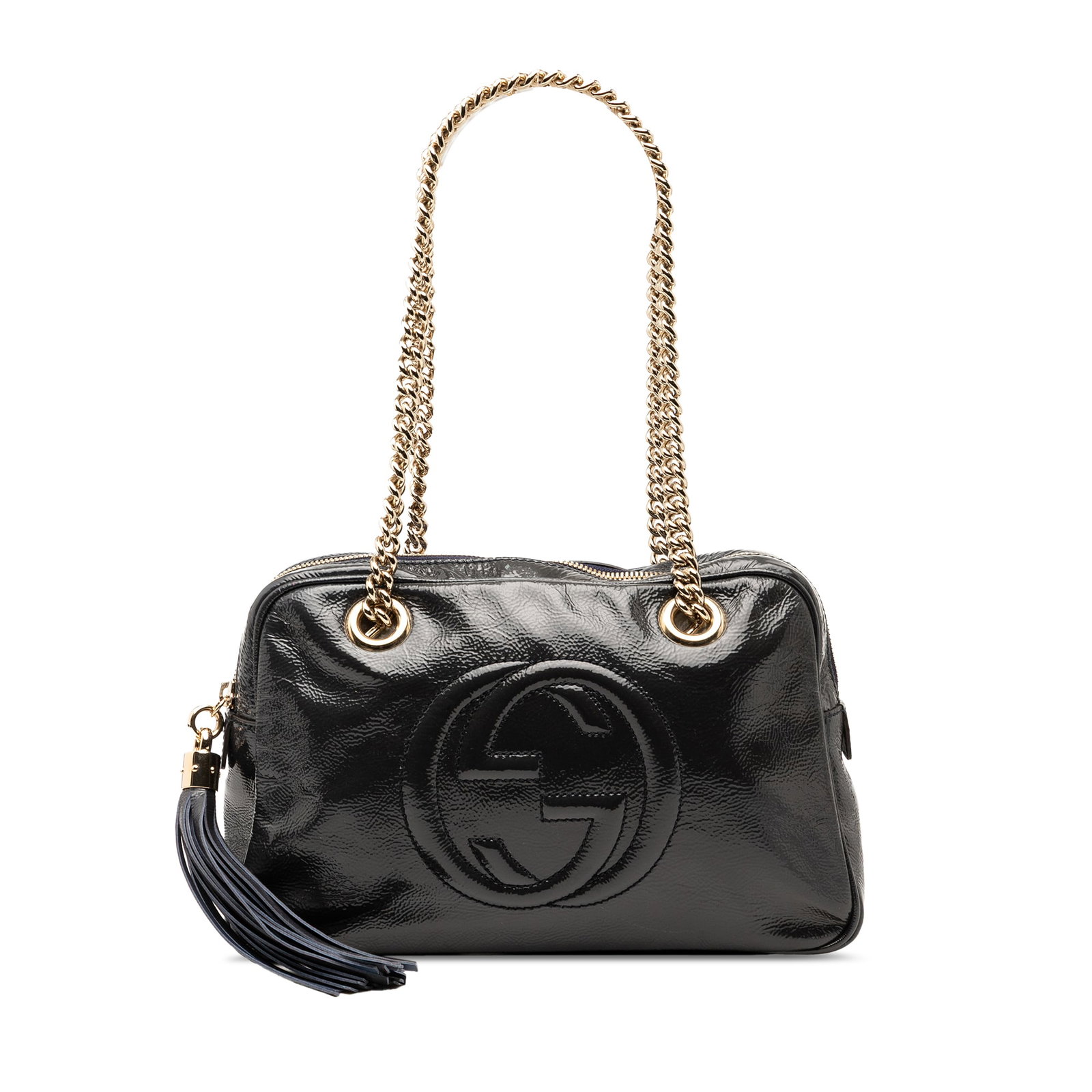 Gucci Soho Blue Patent Leather Chain Strap Zip Shoulder Bag: Gucci Soho Blue Patent Leather Chain Strap Zip Shoulder Bag This Gucci Soho shoulder bag is crafted from blue patent leather and features chain link straps, a top zip closure with tassel details, and 