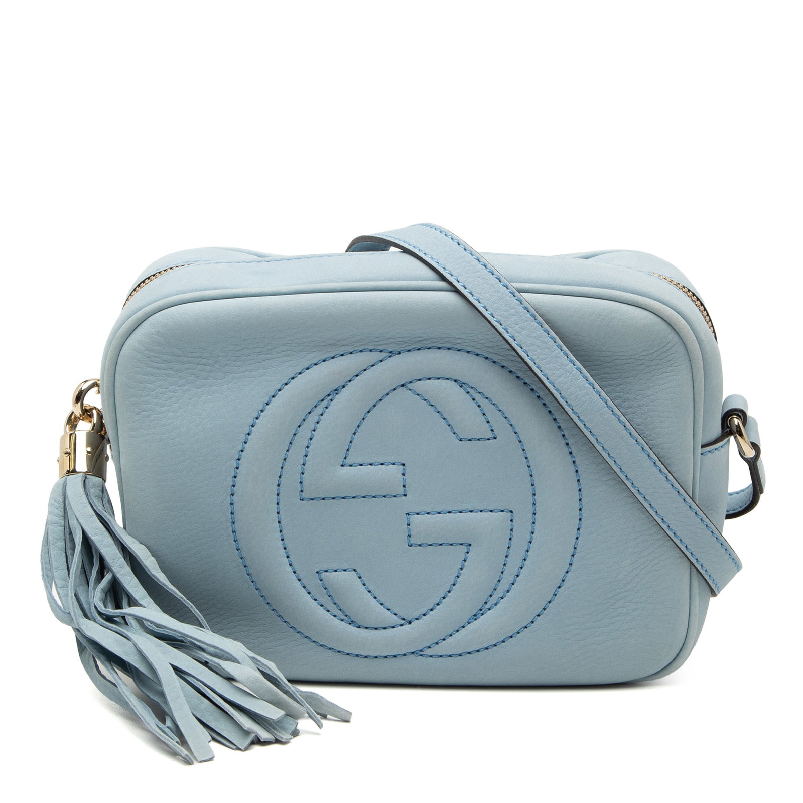 Gucci Soho Disco Blue Nubuck Leather Crossbody Bag with Tassel Accent: Gucci Soho Disco Blue Nubuck Leather Crossbody Bag with Tassel Accent This Gucci Soho Disco crossbody bag is crafted from blue nubuck leather and features an adjustable flat leather strap, a tassel de