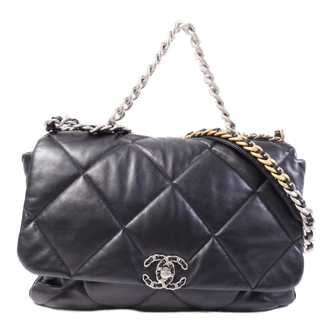 Chanel 19 Black Lambskin Large Convertible Shoulder Bag with Chain: Chanel 19 Black Lambskin Large Convertible Shoulder Bag with Chain This CHANEL 19 large shoulder bag is crafted from luxurious black lambskin leather and can be worn two ways. Featuring signature CC d