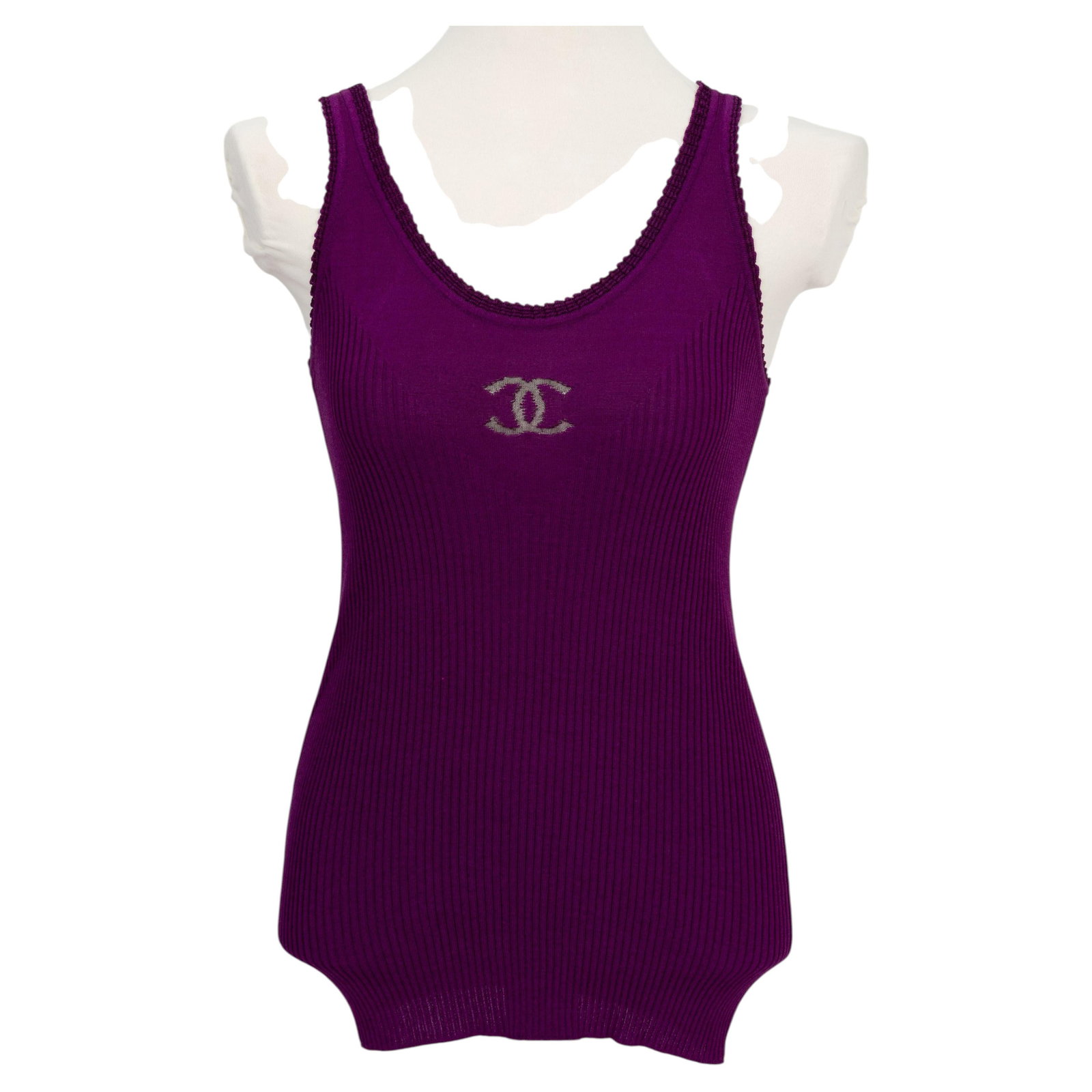 Chanel Cotton Nylon Purple Lace Trim Tank Top Size 38: Chanel Cotton Nylon Purple Lace Trim Tank Top Size 38 This Chanel purple tank top is crafted from a cotton and nylon blend. It features the iconic CC logo on the front in a darker shade of purple and 