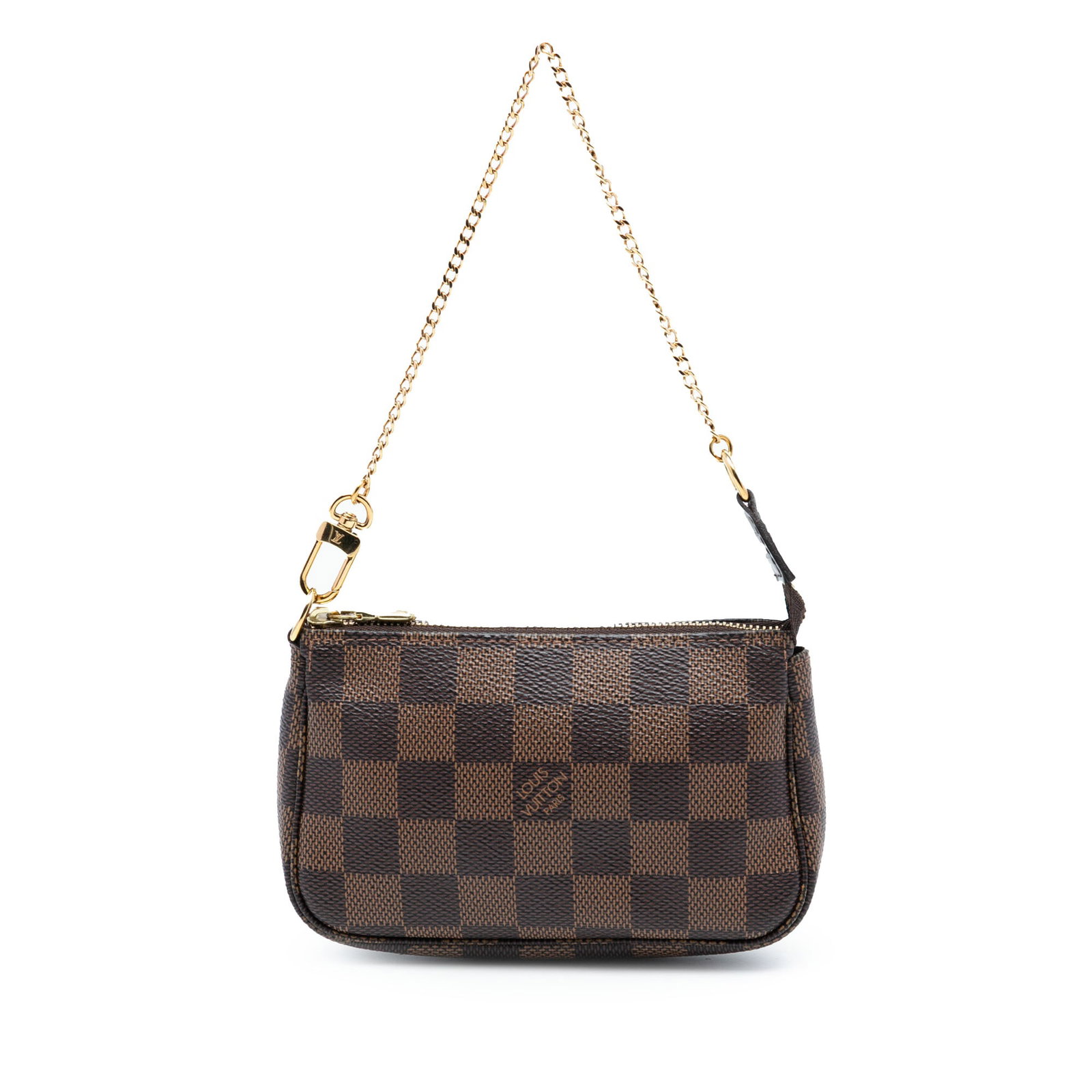 Louis Vuitton Mini Pochette Accessoires in Damier Ebene Canvas with Chain Strap: Louis Vuitton Mini Pochette Accessoires in Damier Ebene Canvas with Chain Strap This Louis Vuitton Damier Ebene Mini Pochette Accessoires features the iconic damier canvas body, a gold-tone chain stra