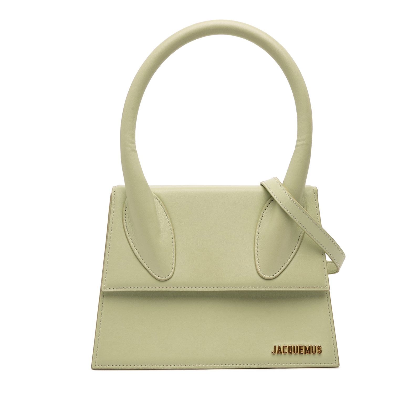 Jacquemus Le Grand Chiquito Green Leather Handbag with Shoulder Strap: Jacquemus Le Grand Chiquito Green Leather Handbag with Shoulder Strap This Jacquemus Le Grand Chiquito handbag features a smooth green leather body with a rolled leather handle, a detachable flat leat