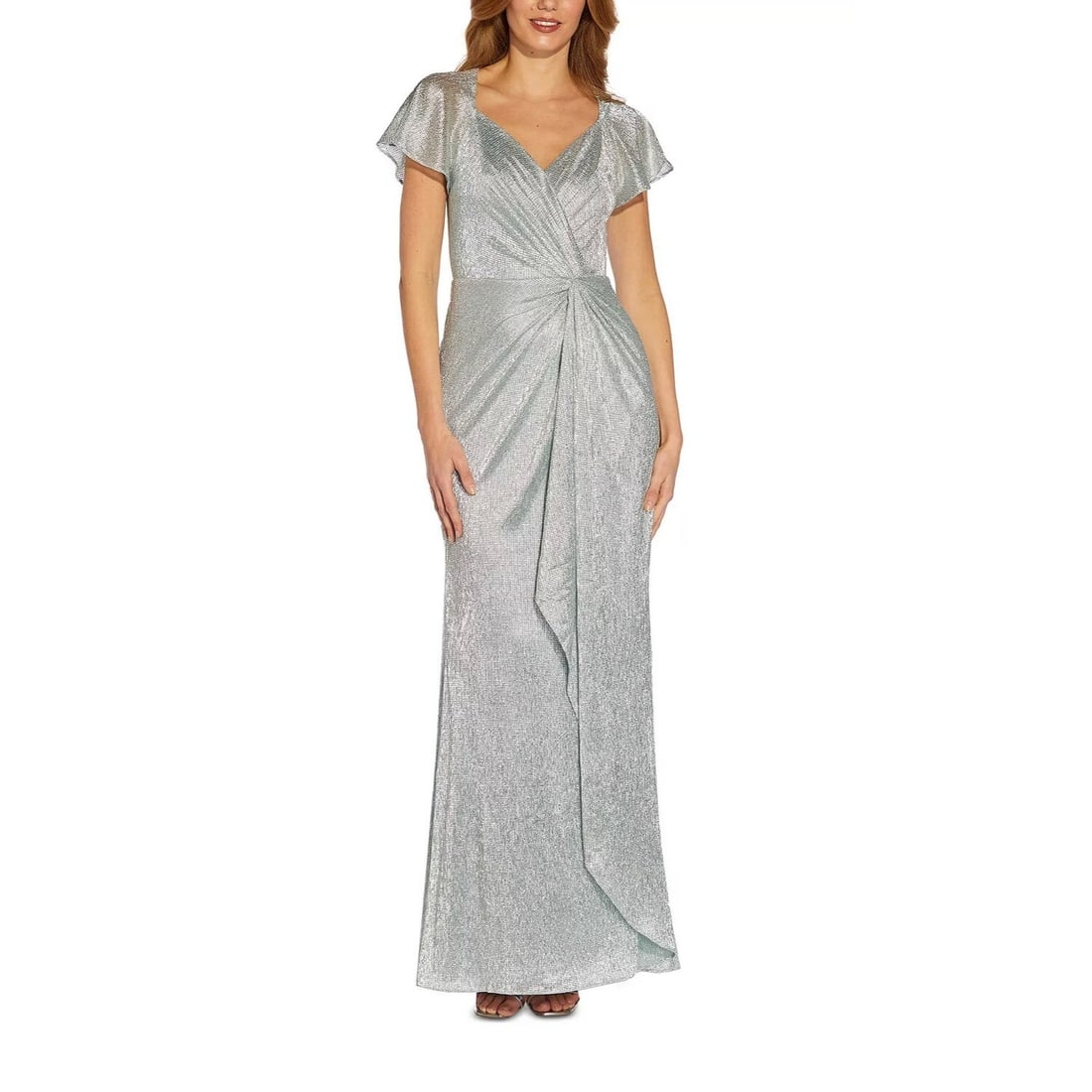 Adrianna Papell Blue Metallic Flutter Sleeve Long Gown 10 (1 of 3)