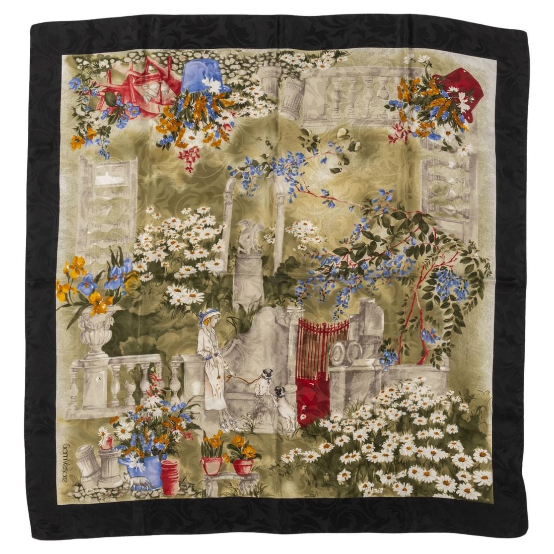 Gianni Versace 80s Silk Scarf with Floral Design: Gianni Versace 80s Silk Scarf with Floral Design This stunning silk scarf from Gianni Versace showcases a vibrant 80s outdoor scene adorned with figurines, dogs, and flowers. The scarf features a stri