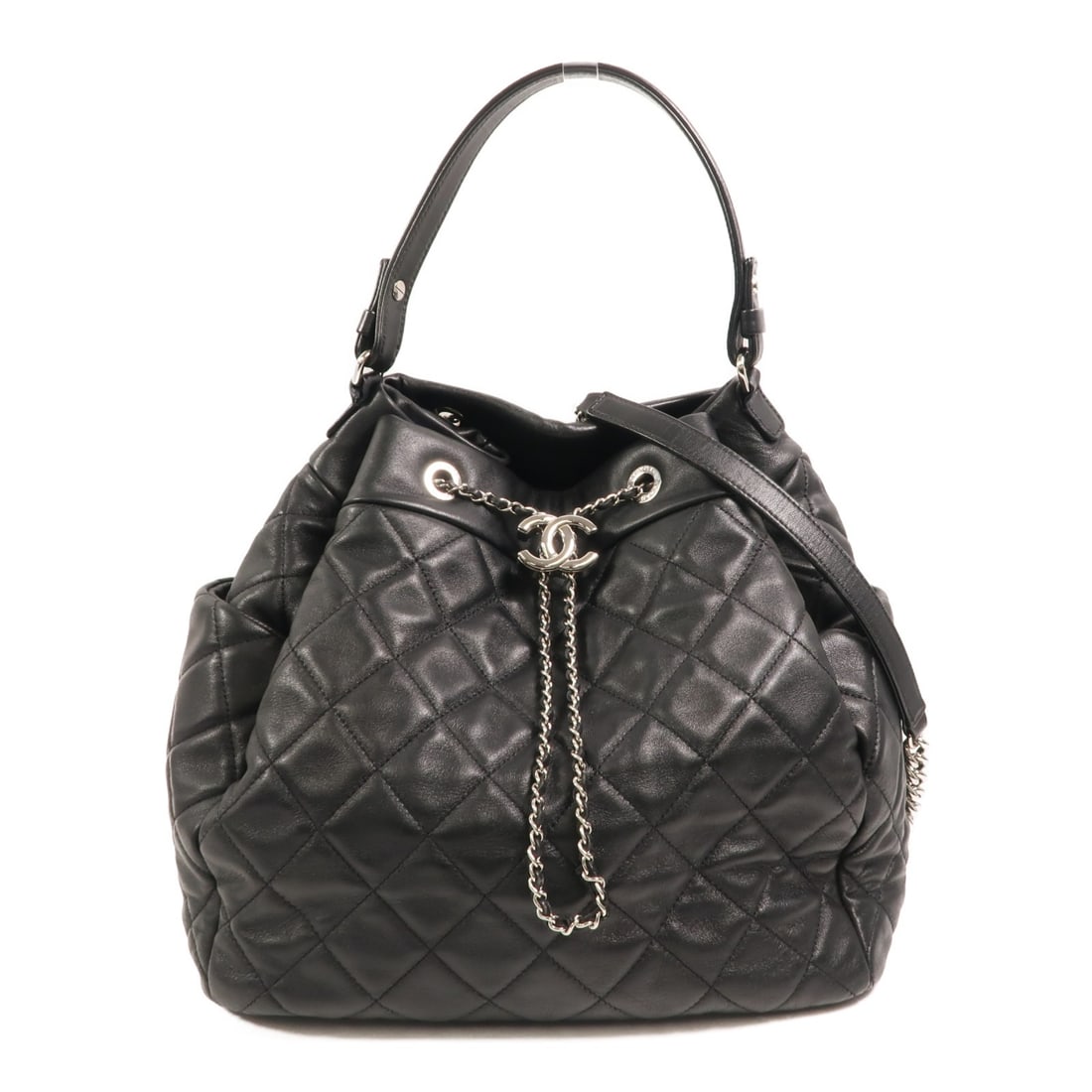 CHANEL Black Lambskin 2way Shoulder Bag CC SHW: CHANEL Black Lambskin 2way Shoulder Bag CC SHW This Chanel 2-way shoulder bag is crafted from luxurious black lambskin leather, offering both elegance and versatility. The bag features a signature CC 