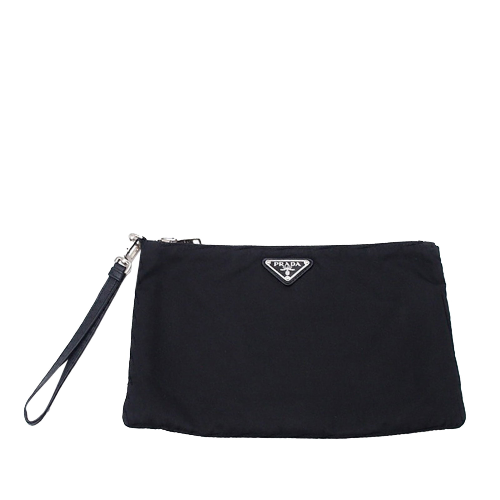 Prada Re Nylon Clutch Black Fabric with Wrist Strap: Prada Re Nylon Clutch Black Fabric with Wrist Strap This Prada Re Nylon Clutch combines style and functionality, featuring a durable nylon body in classic black. It is designed with a flat wrist strap