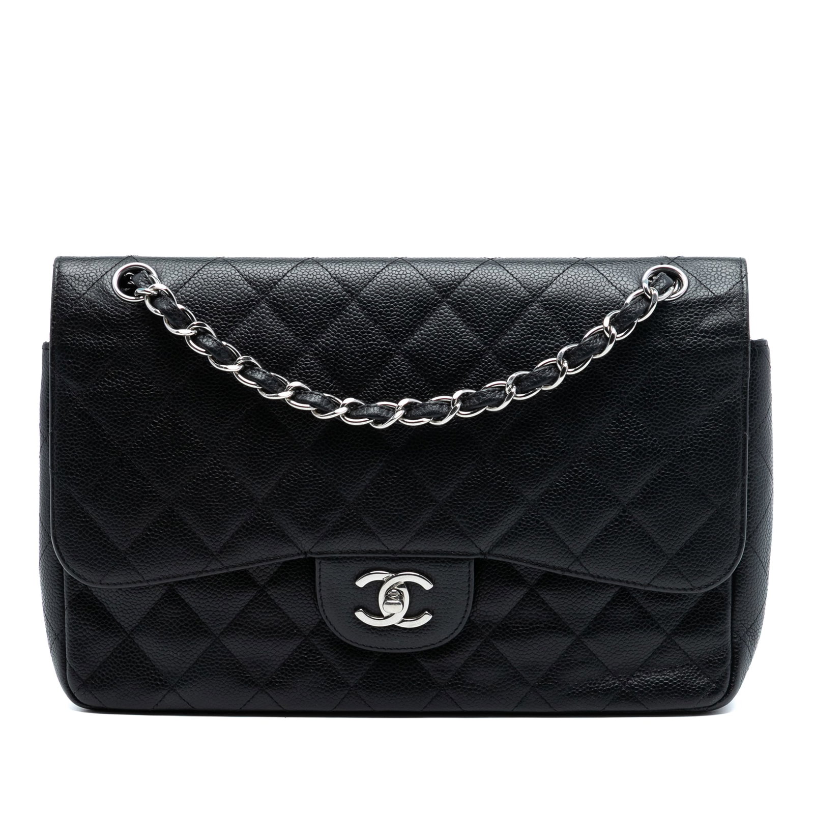 Black Caviar Leather Jumbo Double Flap Shoulder Bag by Chanel: Black Caviar Leather Jumbo Double Flap Shoulder Bag by Chanel This Chanel Jumbo Classic Caviar Double Flap shoulder bag is crafted from quilted caviar leather in black and features leather-woven chain