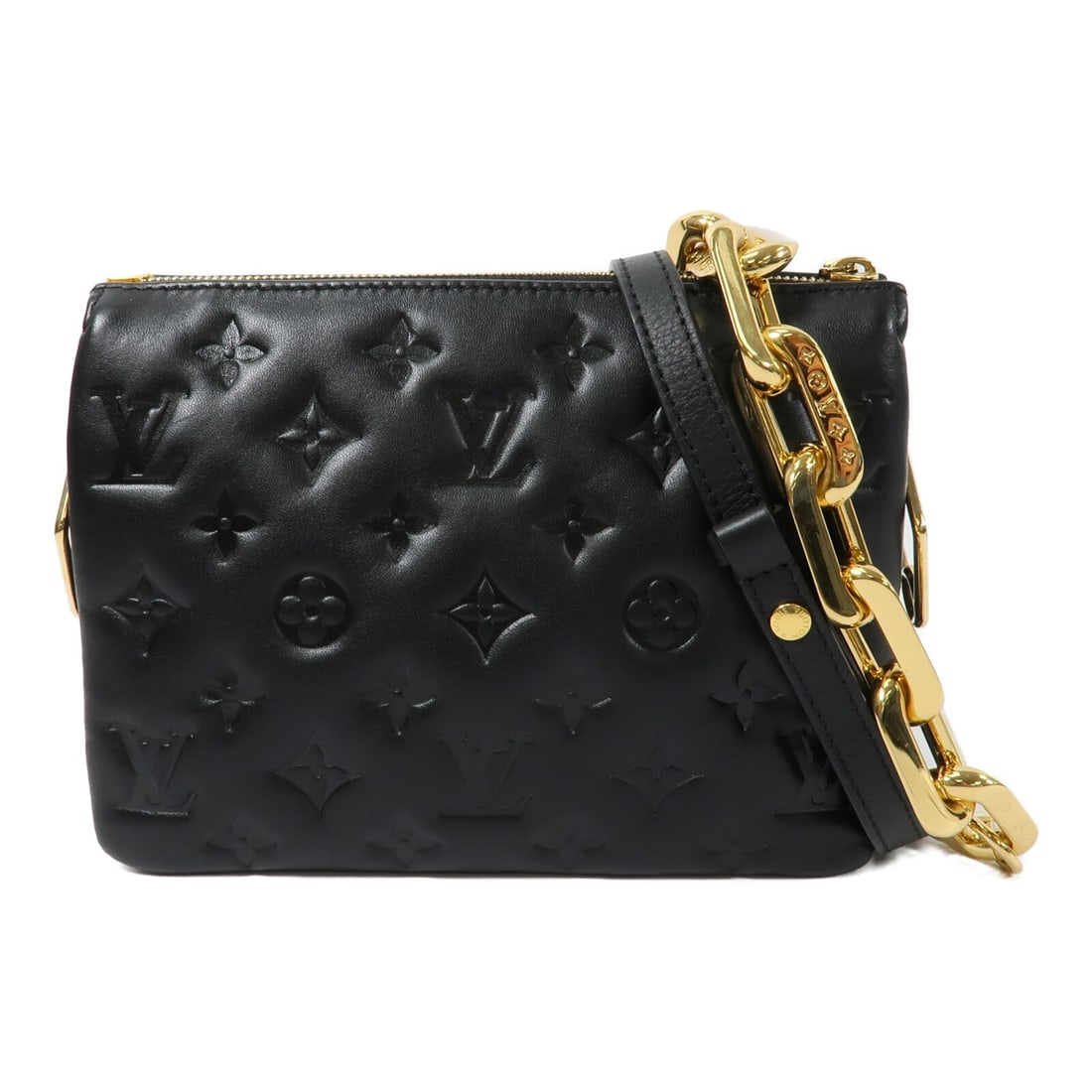 Louis Vuitton Coussin BB Black Lambskin Shoulder Bag M21259: Louis Vuitton Coussin BB Black Lambskin Shoulder Bag M21259 This Louis Vuitton Coussin BB 2-way shoulder bag features a sophisticated monogram-embossed design in black lambskin leather. Designed for v