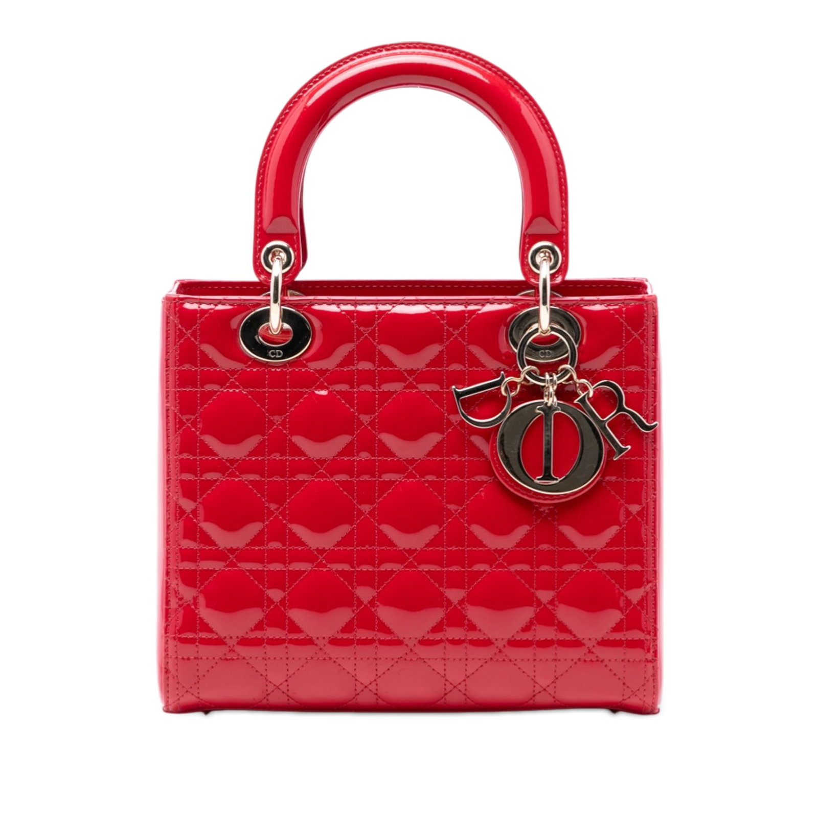 Dior Lady Dior Medium Red Patent Cannage Leather Bag with Strap: Dior Lady Dior Medium Red Patent Cannage Leather Bag with Strap This Lady Dior bag features a glossy patent leather exterior with the signature Cannage pattern in a striking red color. It is designed 