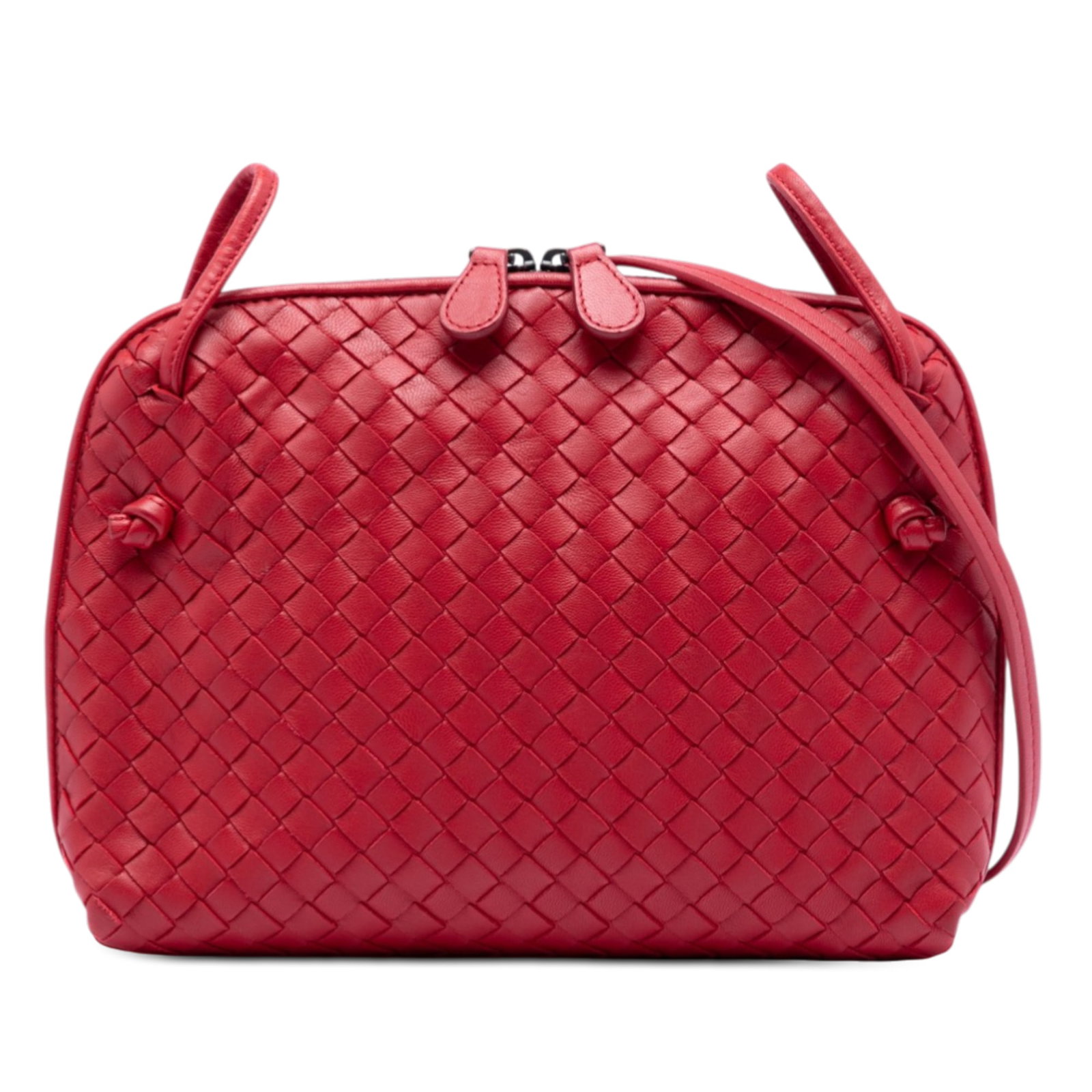 Red Intrecciato Leather Nodini Crossbody Bag by Bottega Veneta: Red Intrecciato Leather Nodini Crossbody Bag by Bottega Veneta This Bottega Veneta Nappa Intrecciato Nodini crossbody bag features a woven leather exterior, a flat leather strap, a top zip closure, an
