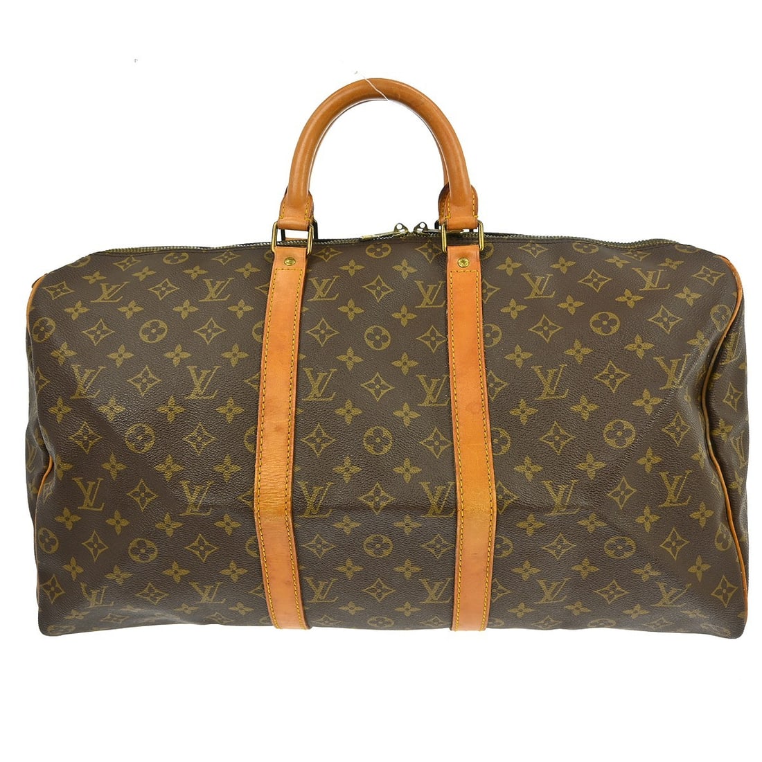 Louis Vuitton Keepall Monogram Canvas Unisex Travel Bag 50cm: Louis Vuitton Keepall Monogram Canvas Unisex Travel Bag 50cm This Louis Vuitton Keepall Bag features the iconic Monogram canvas in brown and is designed for unisex use. This vintage piece shows signs 