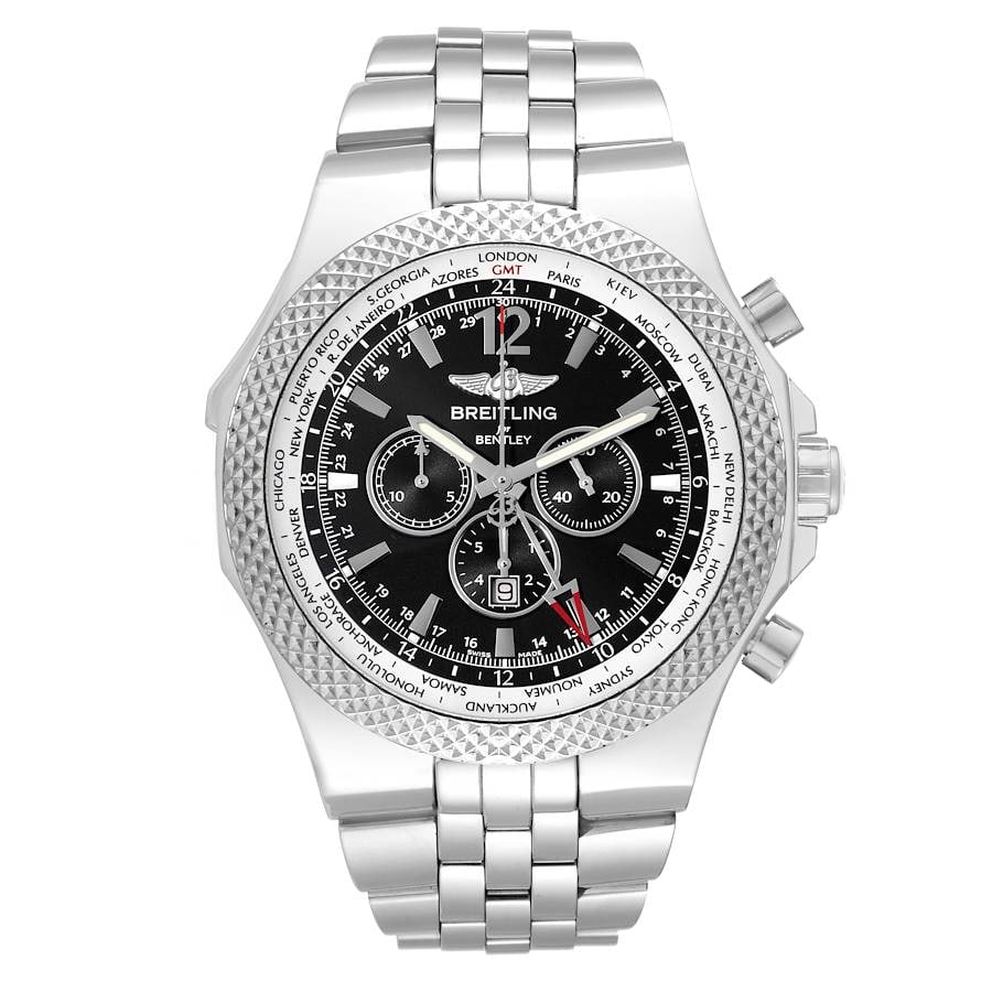 Bentley GMT 49mm Stainless Steel Watch Ref A47362 With 2014 Papers: Bentley GMT 49mm Stainless Steel Watch Ref A47362 With 2014 Papers This Breitling Bentley GMT wristwatch features a black dial and a stainless steel case. The timepiece comes with warranty papers date