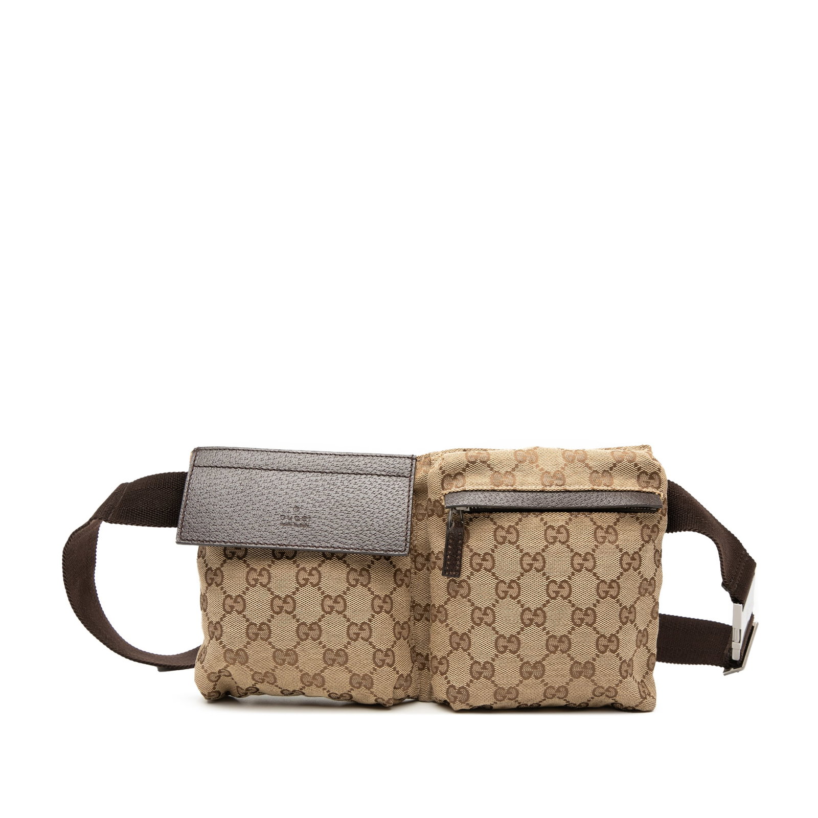 Gucci Beige GG Canvas Belt Bag with Dual Front Pockets: Gucci Beige GG Canvas Belt Bag with Dual Front Pockets This Gucci GG Canvas Double Pocket Belt Bag features a beige canvas body with leather trim and an adjustable flat waist strap. The bag offers con