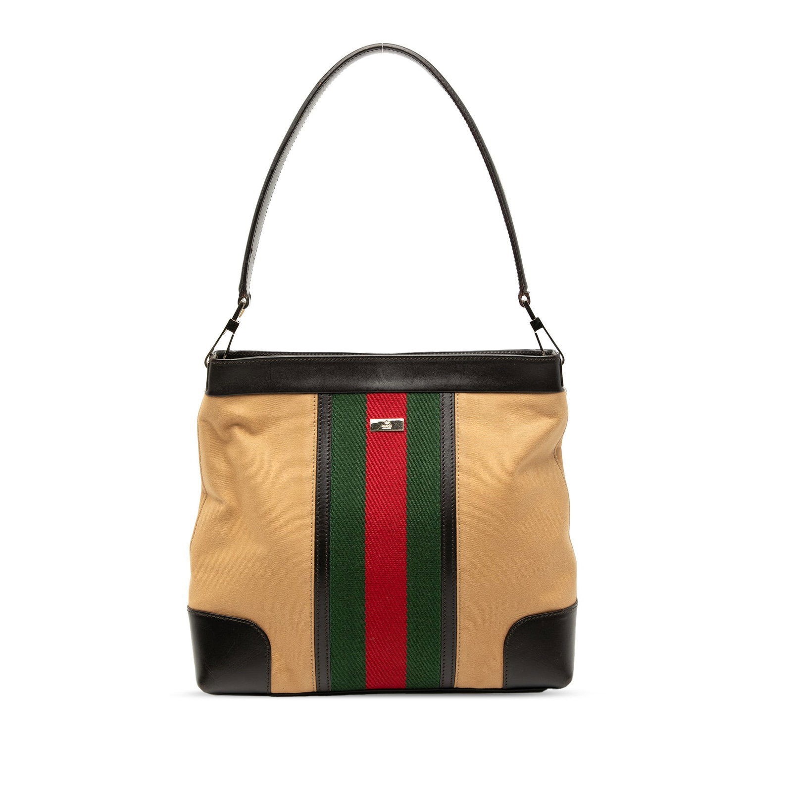 Gucci Brown Canvas Shoulder Bag with Leather Trim and Web Detail: Gucci Brown Canvas Shoulder Bag with Leather Trim and Web Detail This Gucci shoulder bag features a canvas body with leather trim and signature web detail on the front. It is designed with a flat leat