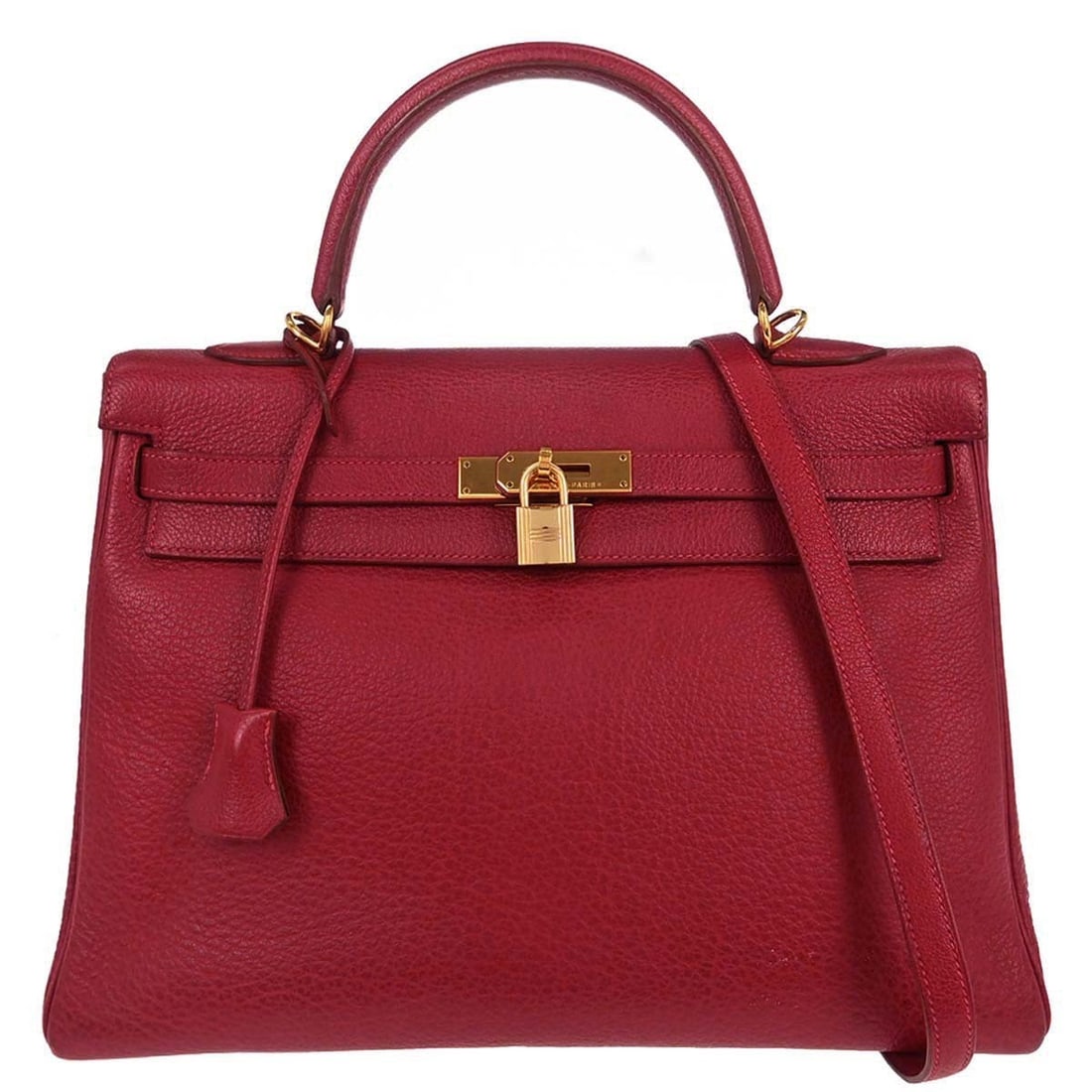 Hermes Kelly Red Leather Purse with Gold Tone Accents 36cm: Hermes Kelly Red Leather Purse with Gold Tone Accents 36cm This Hermes Kelly handbag features red Clemence leather and gold hardware. Designed for women, it offers a spacious interior with dimensions 