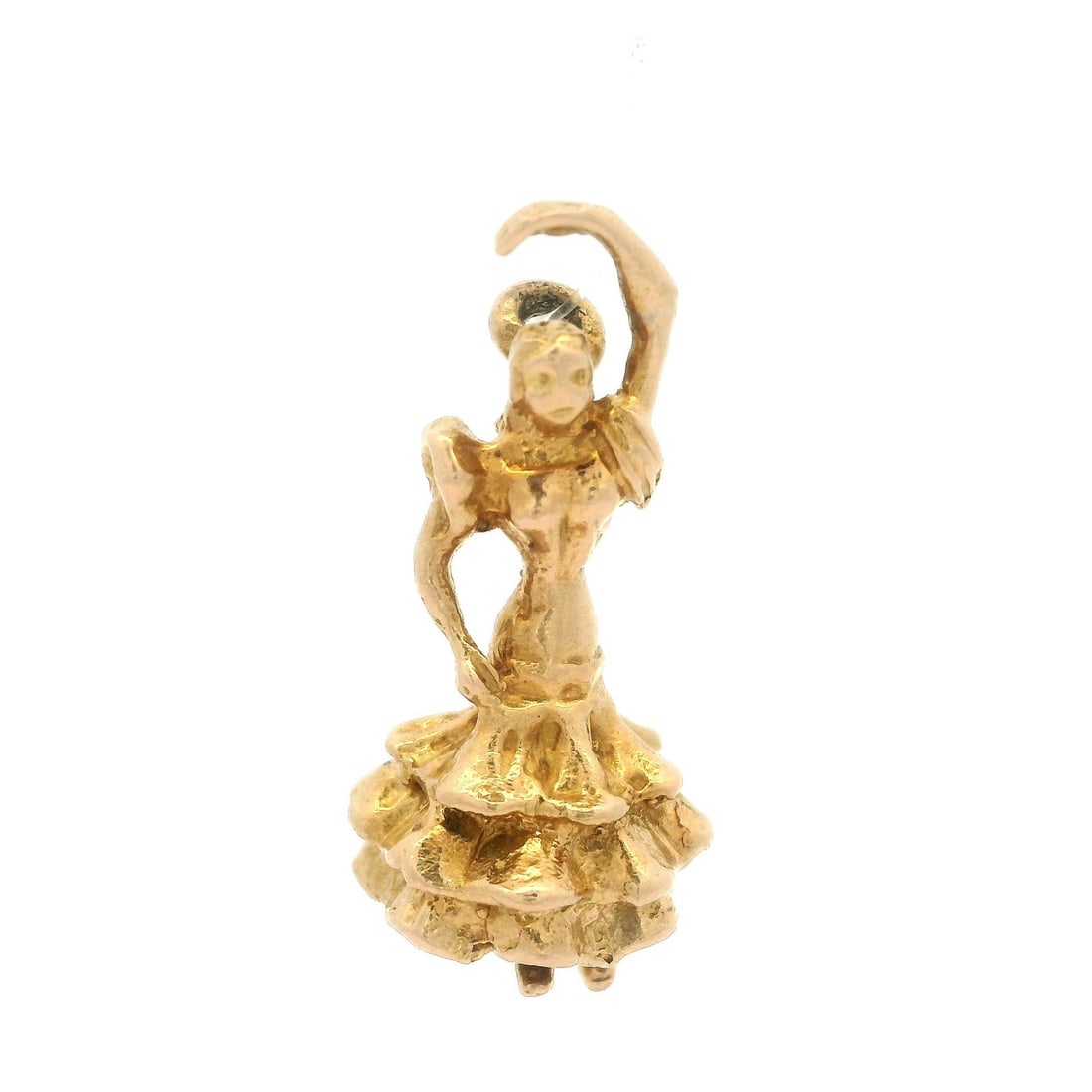Vintage 18k Yellow Gold Flamenco Dancer Charm Pendant: Vintage 18k Yellow Gold Flamenco Dancer Charm Pendant This exquisite vintage charm pendant features a flamenco dancer ballerina design, crafted from solid 18k yellow gold. Weighing 3.79 grams, this ch