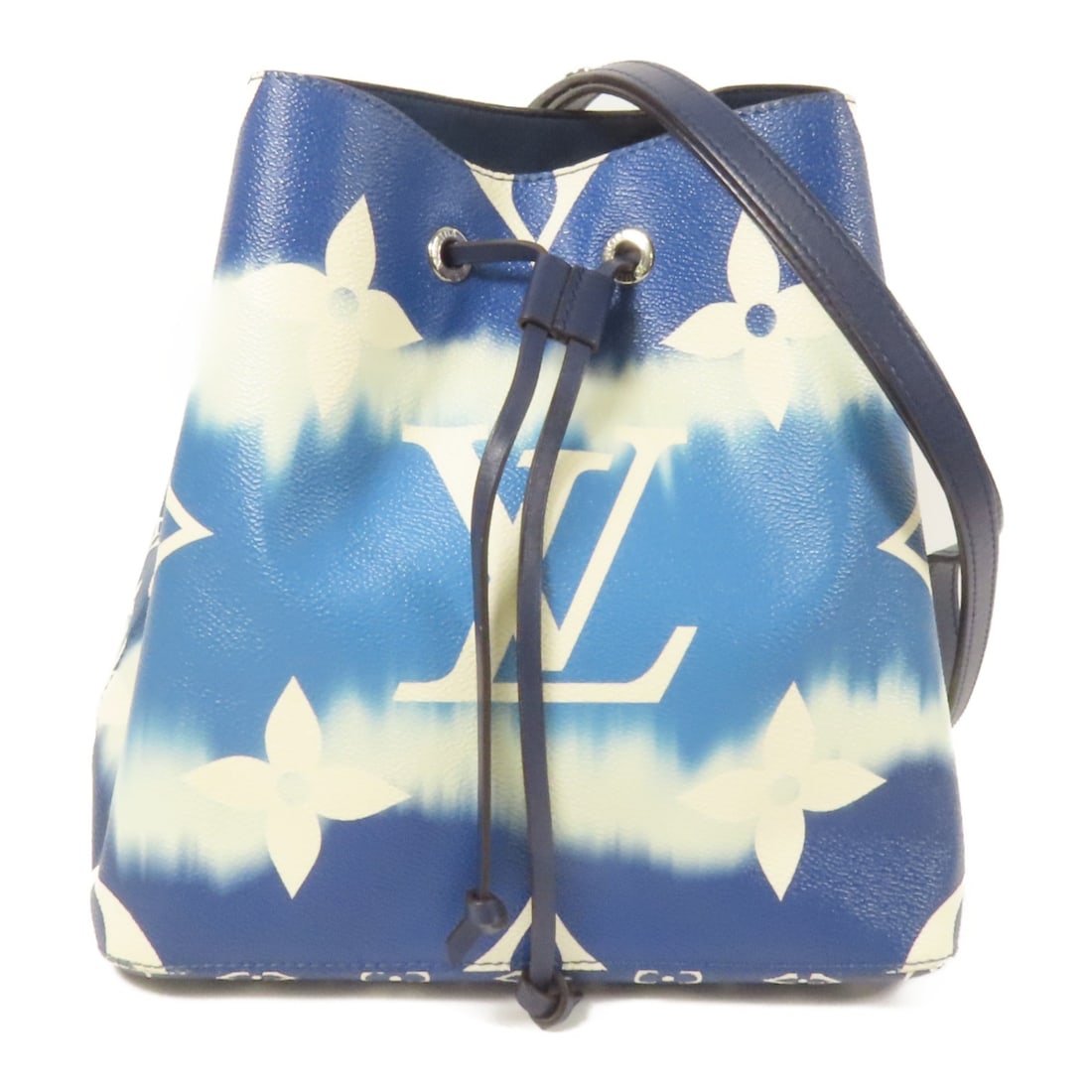 LOUIS VUITTON Neo Noe SHW Blue/White Shoulder Bag M45126: LOUIS VUITTON Neo Noe SHW Blue/White Shoulder Bag M45126 The Louis Vuitton Neo Noe Shoulder Bag (M45126) showcases a striking blue and white Monogram Escale design. Crafted from durable PVC coated can