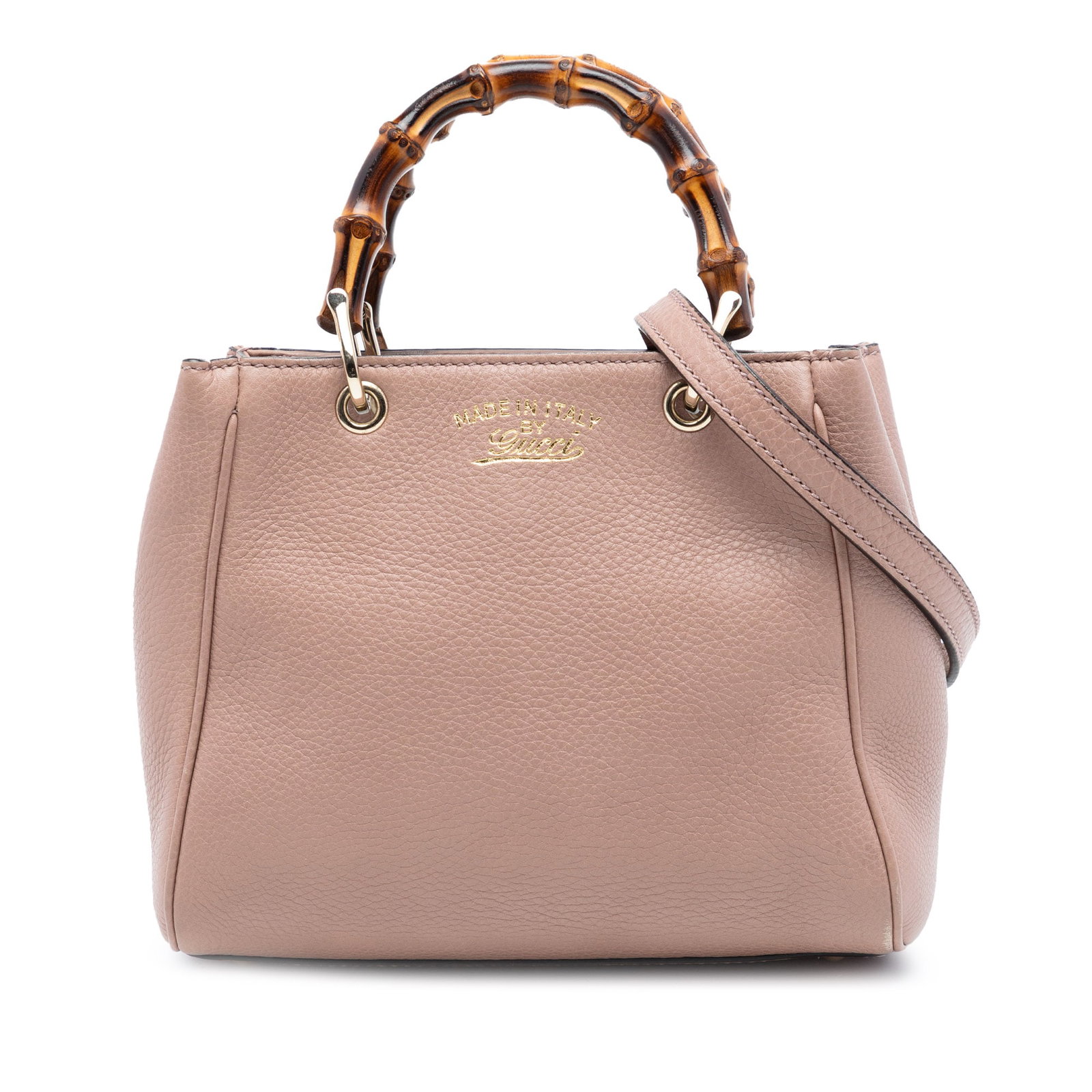Pink Leather Mini Satchel with Bamboo Handles by Gucci: Pink Leather Mini Satchel with Bamboo Handles by Gucci This Gucci Mini Calfskin Bamboo Shopper Satchel features a pink leather body, distinctive bamboo top handles, an open top with a magnetic snap cl