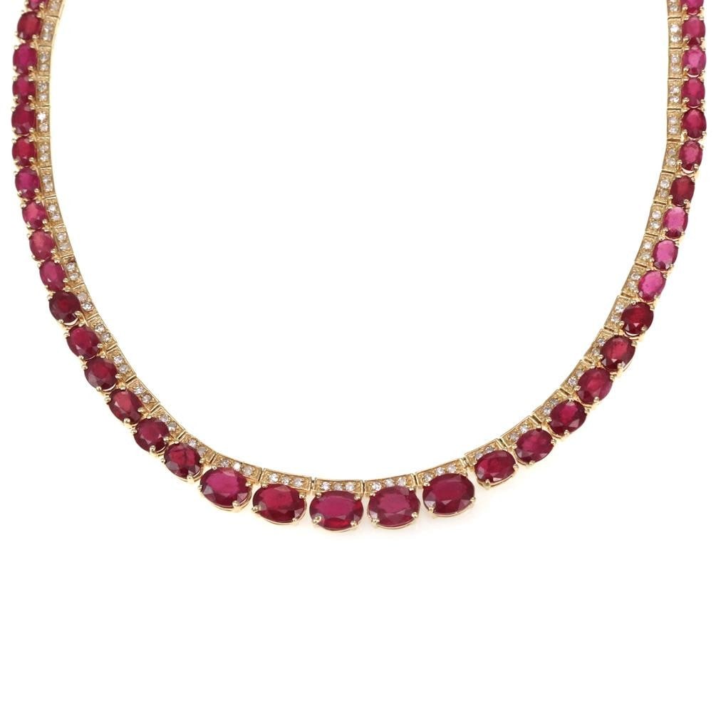 Elegant 14k Yellow Gold Diamond Ruby Graduated Collar Necklace 47.50ct: Elegant 14k Yellow Gold Diamond Ruby Graduated Collar Necklace 47.50ct This exquisite estate collar necklace features a stunning design crafted from 14k yellow gold. The necklace showcases long, slim 