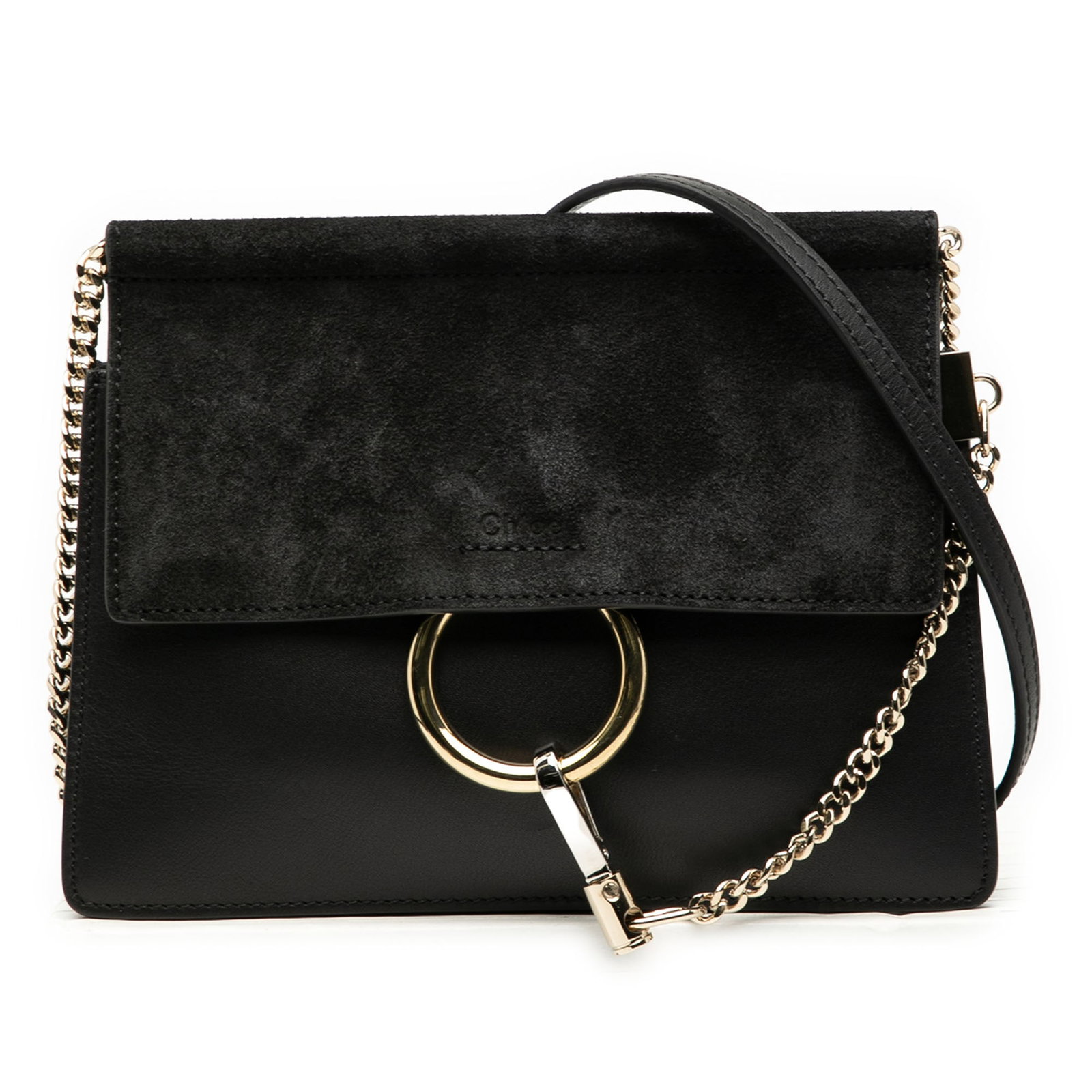 Chloe Small Faye Crossbody Bag in Black Leather and Suede: Chloe Small Faye Crossbody Bag in Black Leather and Suede Introducing the Chloe Small Calfskin and Suede Faye Crossbody bag, a stylish accessory that combines elegance with functionality. This chic ba