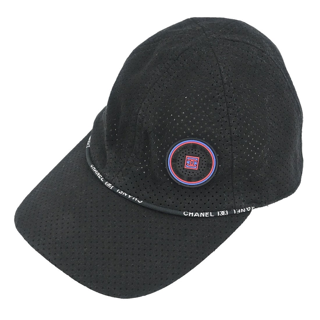Black Nylon Cap with Logo Accent Size M by Chanel: Black Nylon Cap with Logo Accent Size M by Chanel This Chanel cap hat is crafted from 100% nylon in classic black and features the iconic logo accent. Designed for women and suitable for all seasons, 