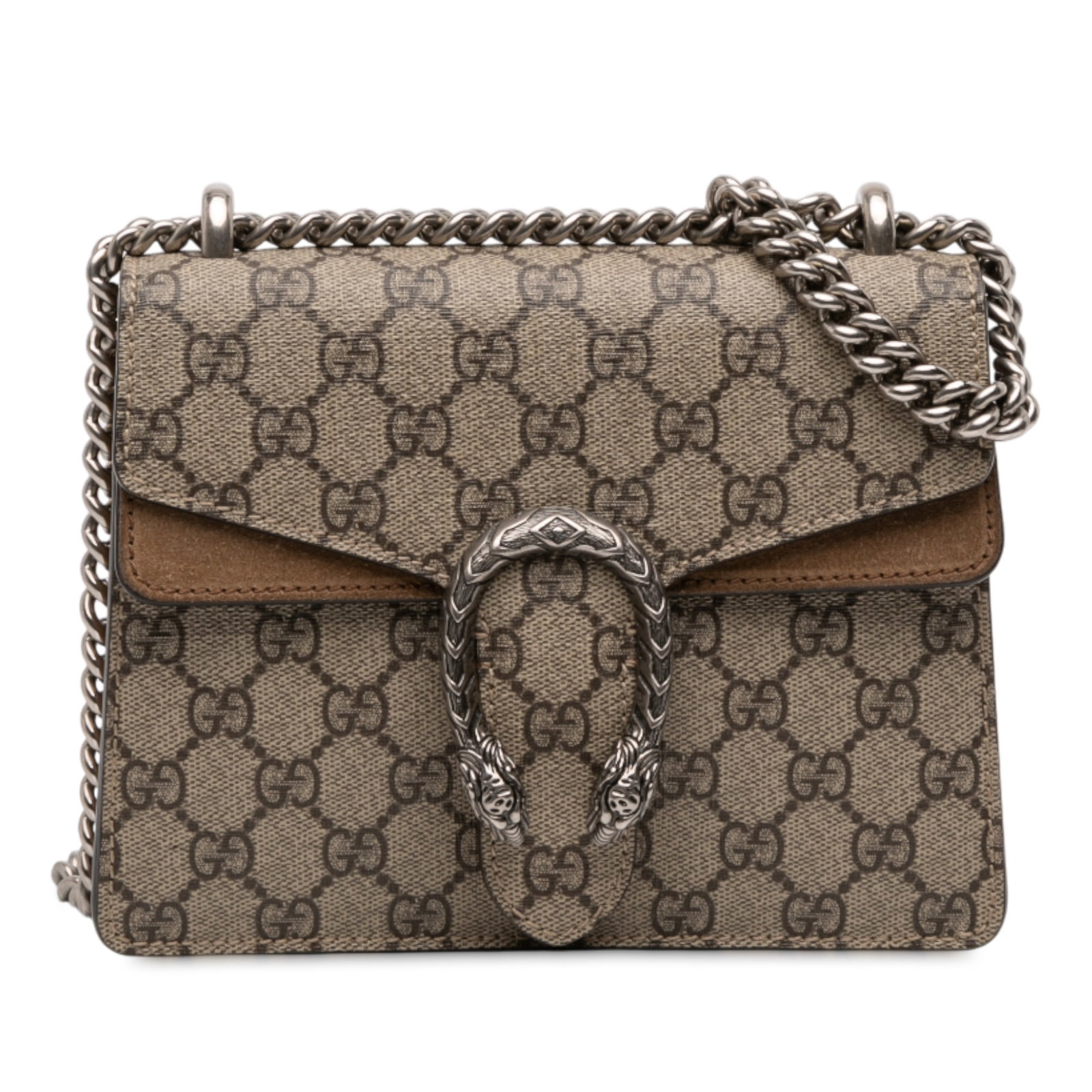 Gucci Dionysus Small GG Supreme Coated Canvas Crossbody Bag: Gucci Dionysus Small GG Supreme Coated Canvas Crossbody Bag This Gucci Small GG Supreme Dionysus Crossbody bag features a coated canvas body with suede leather trim, a silver-tone chain strap, and a t