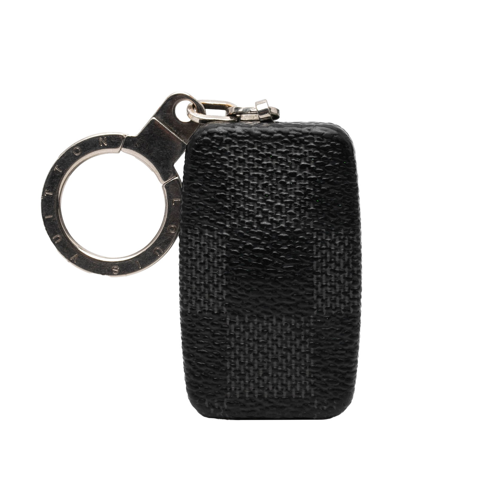 Damier Graphite Astropill Canvas Keychain by Louis Vuitton: Damier Graphite Astropill Canvas Keychain by Louis Vuitton The Louis Vuitton Damier Graphite Astropill Key Chain features a Damier Graphite canvas body complemented by a silver-tone key ring. This acc