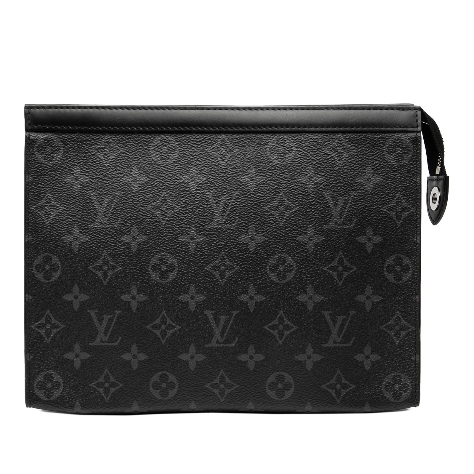 Louis Vuitton Pochette Voyage MM Monogram Eclipse Black Clutch Bag: Louis Vuitton Pochette Voyage MM Monogram Eclipse Black Clutch Bag This Louis Vuitton Monogram Eclipse Pochette Voyage MM clutch bag features a monogram eclipse canvas body with leather trim, a top zi