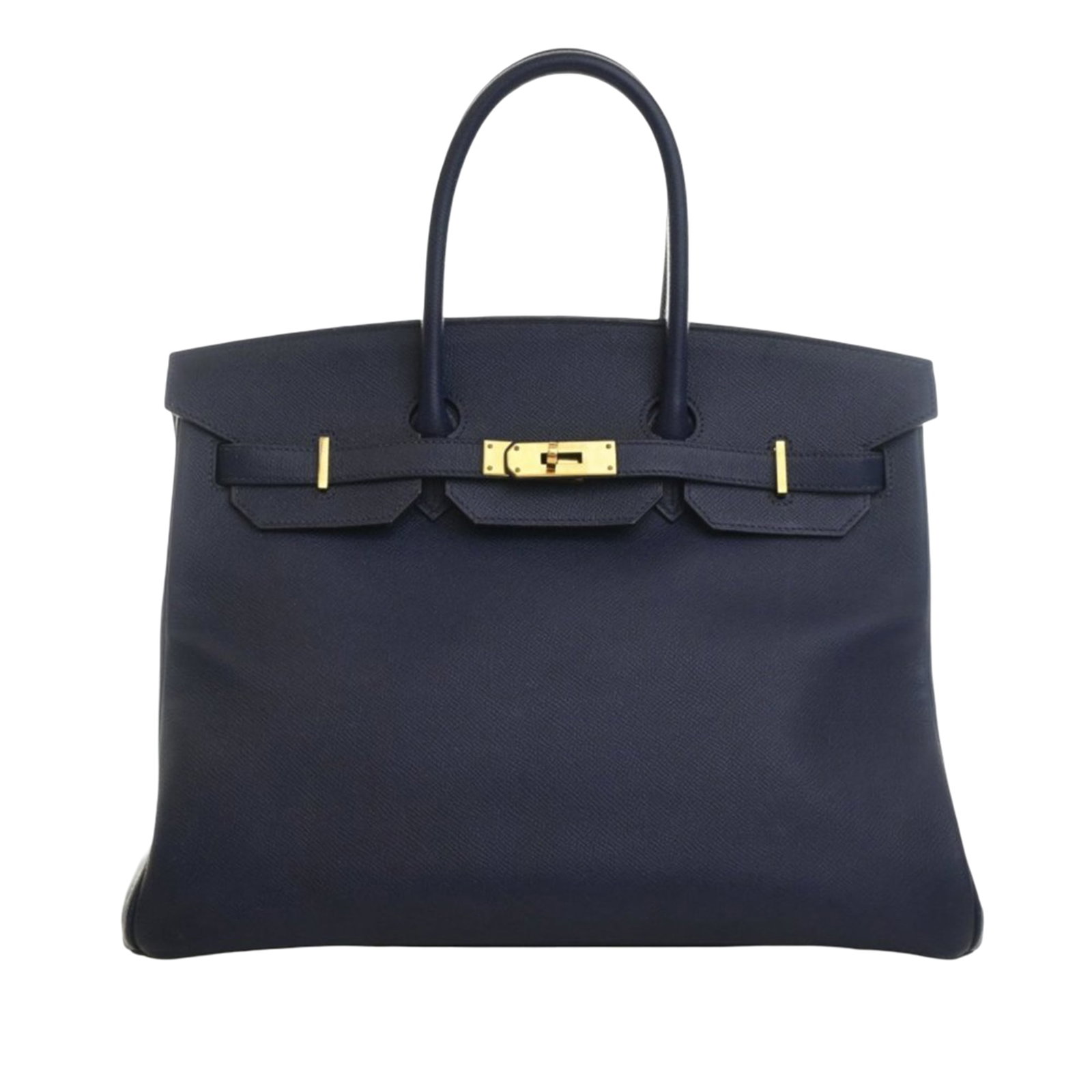 Hermes Birkin 35 Bleu Saphir Epsom Leather Handbag with Turn Lock: Hermes Birkin 35 Bleu Saphir Epsom Leather Handbag with Turn Lock This Hermes Epsom Birkin Retourne 35 showcases a Bleu Saphir Epsom leather body, rolled leather handles, a front flap with a turn-lock