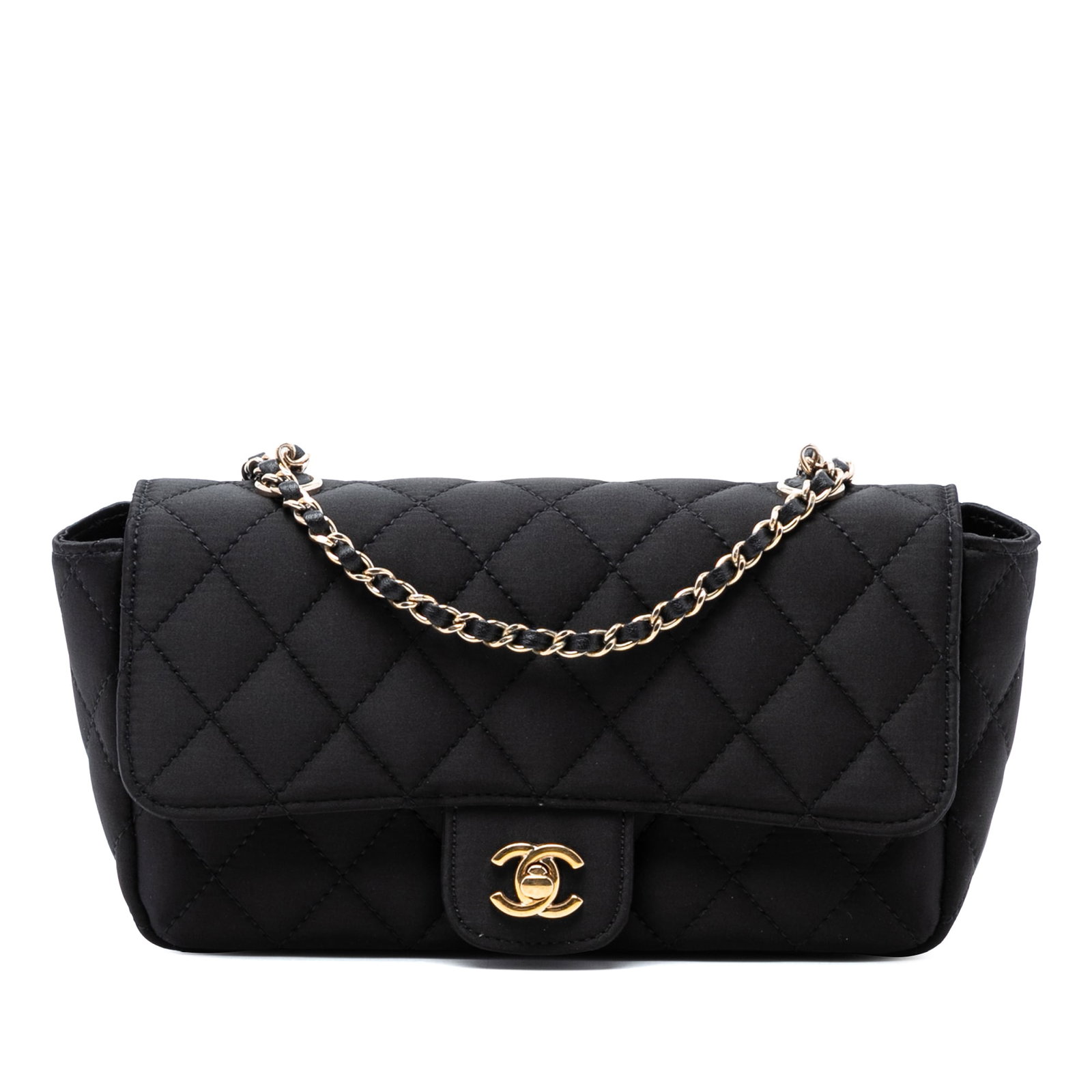 Chanel Black Quilted Satin Mini Rectangular Single Flap Bag: Chanel Black Quilted Satin Mini Rectangular Single Flap Bag This Chanel Mini Rectangular Single Flap bag features a black quilted satin body, a leather-woven chain shoulder strap, a front flap with tu