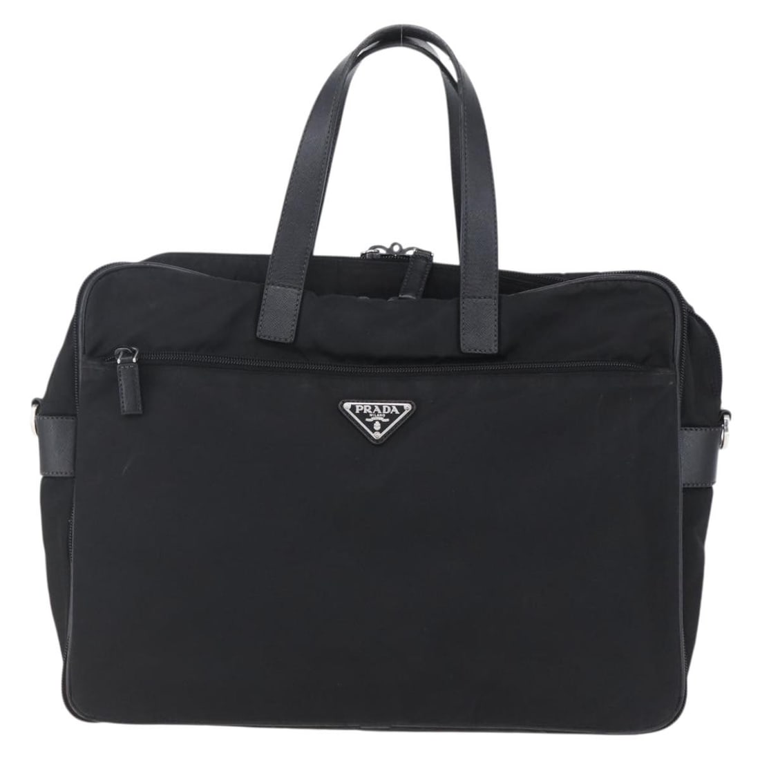 Prada Tessuto Convertible Business Bag with Saffiano Leather Trim: Prada Tessuto Convertible Business Bag with Saffiano Leather Trim This Prada Convertible Front Zip Briefcase features a black nylon exterior with Saffiano leather trim. Designed for unisex use, this b