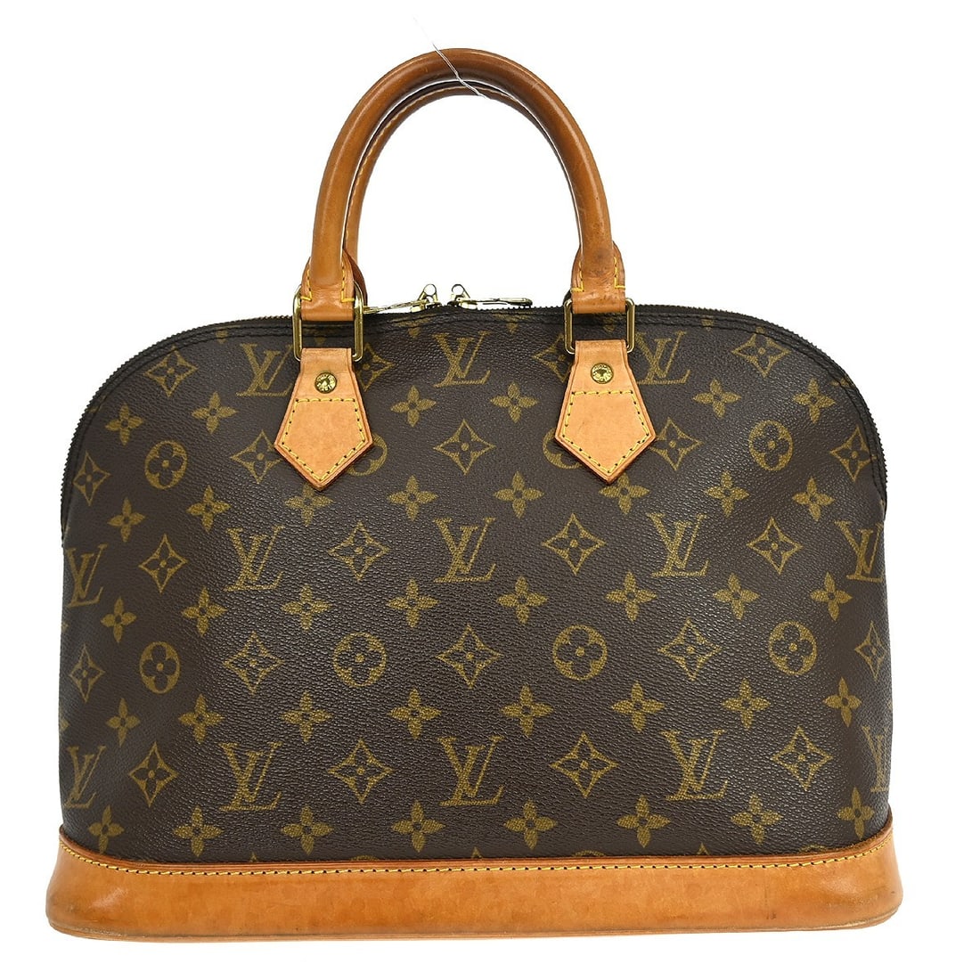 Louis Vuitton Alma Monogram Canvas Medium Handbag M51130 BA0974: Louis Vuitton Alma Monogram Canvas Medium Handbag M51130 BA0974 This Louis Vuitton Alma handbag features the iconic Monogram canvas design in brown, complemented by beige double handles and a zip clos