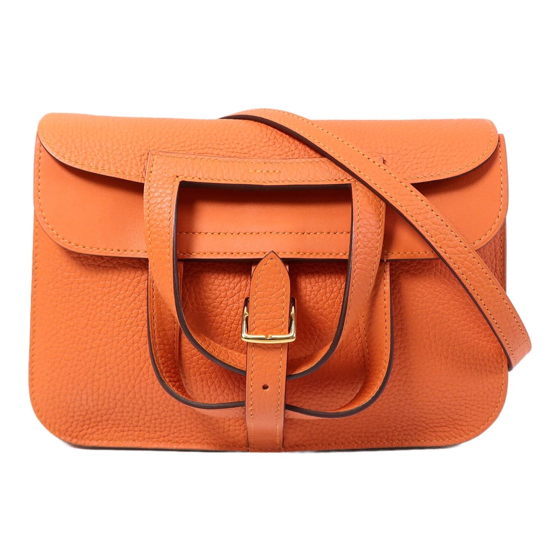 Hermes Halzan 25 Orange Lambskin 2 Way Shoulder Bag GHW: Hermes Halzan 25 Orange Lambskin 2 Way Shoulder Bag GHW This Hermes Halzan 25 is a versatile 2-way shoulder bag crafted from orange lambskin leather. Featuring gold tone hardware, the bag offers both 