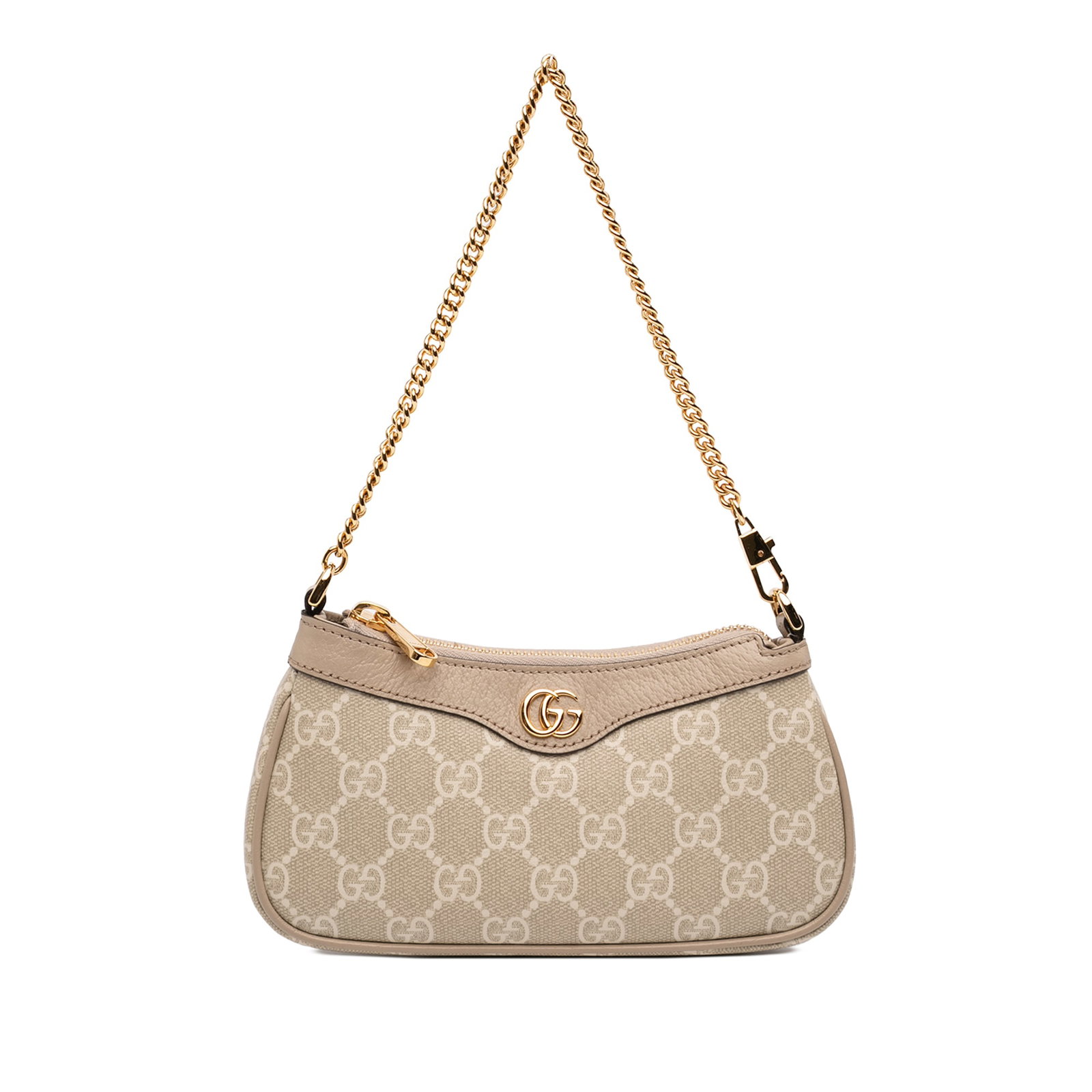 Gucci Ophidia GG Supreme Small Beige Canvas Shoulder Bag with Chain Strap: Gucci Ophidia GG Supreme Small Beige Canvas Shoulder Bag with Chain Strap This Gucci Small GG Supreme Ophidia shoulder bag features a coated canvas exterior with leather trim, a chain strap, a top zip