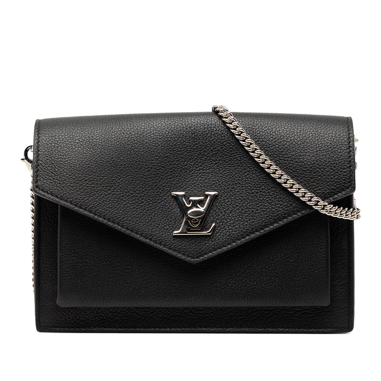 Louis Vuitton MyLockMe Black Leather Chain Shoulder Pochette Bag: Louis Vuitton MyLockMe Black Leather Chain Shoulder Pochette Bag The Louis Vuitton MyLockMe Chain Pochette features a black leather body with a removable chain shoulder strap. It has a front flap with