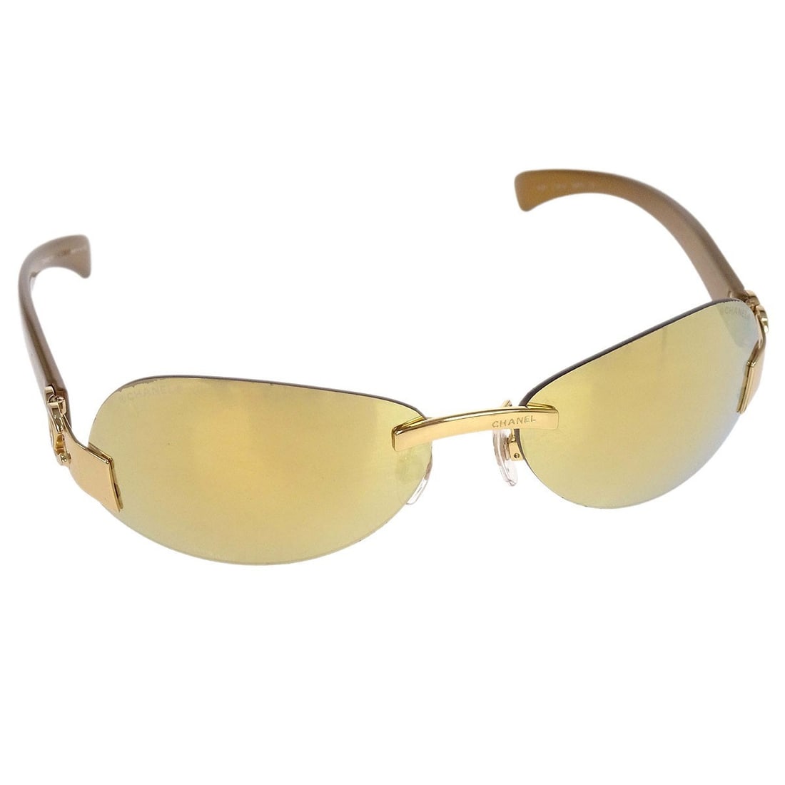 Chanel CC Logos Gold Tone Women Sunglasses Italy 130 mm: Chanel CC Logos Gold Tone Women Sunglasses Italy 130 mm These Chanel sunglasses feature a gold acrylic frame and matching gold acrylic lenses, offering a stylish and iconic look with the CC Logos mode