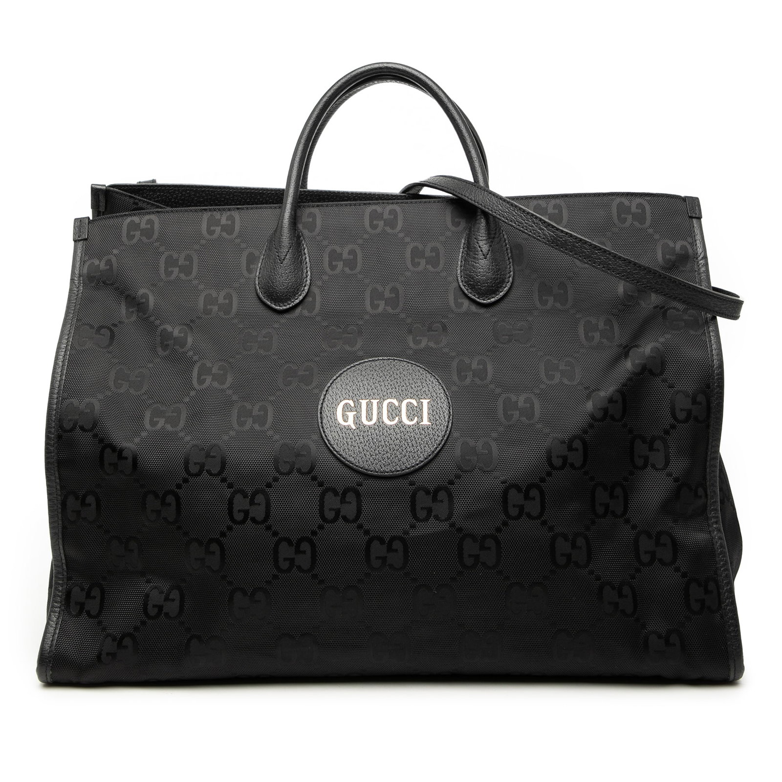 Gucci Off the Grid GG Econyl Black Convertible Tote Bag: Gucci Off the Grid GG Econyl Black Convertible Tote Bag This Gucci GG Econyl Off The Grid Convertible Tote features a durable nylon body with leather trim, rolled leather top handles, and an adjustabl