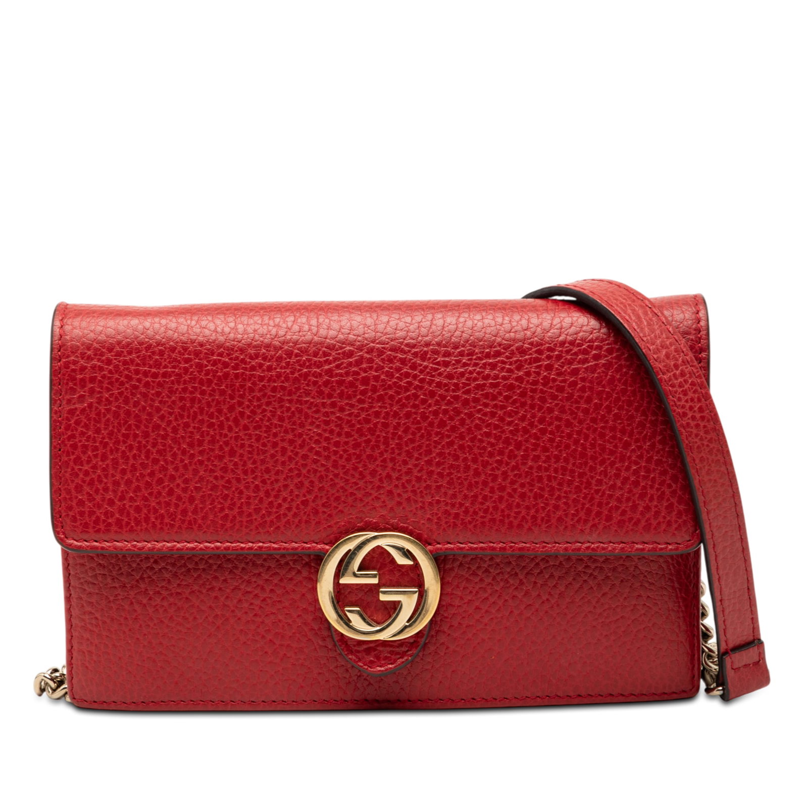Gucci Interlocking G Red Leather Wallet Chain Bag: Gucci Interlocking G Red Leather Wallet Chain Bag This Gucci Dollar Calfskin Interlocking G Wallet on Chain features a red leather body with a chain strap and leather guard. It has a flap with a magne