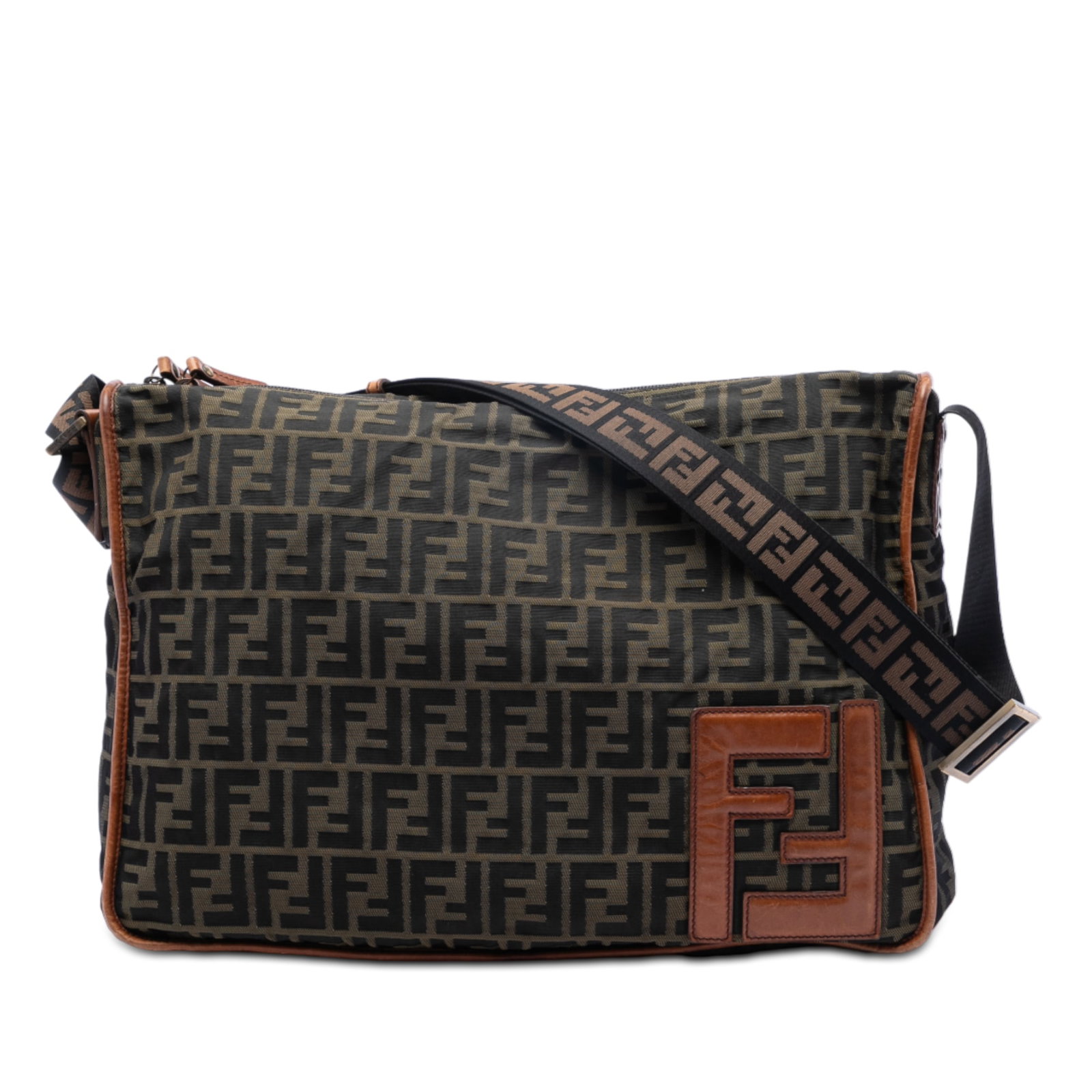 Fendi Zucca Canvas Brown Crossbody Bag with Leather Trim: Fendi Zucca Canvas Brown Crossbody Bag with Leather Trim This Fendi Zucca Canvas Crossbody bag features a canvas body with leather trim, a flat strap, and a two-way top zip closure. The interior inclu