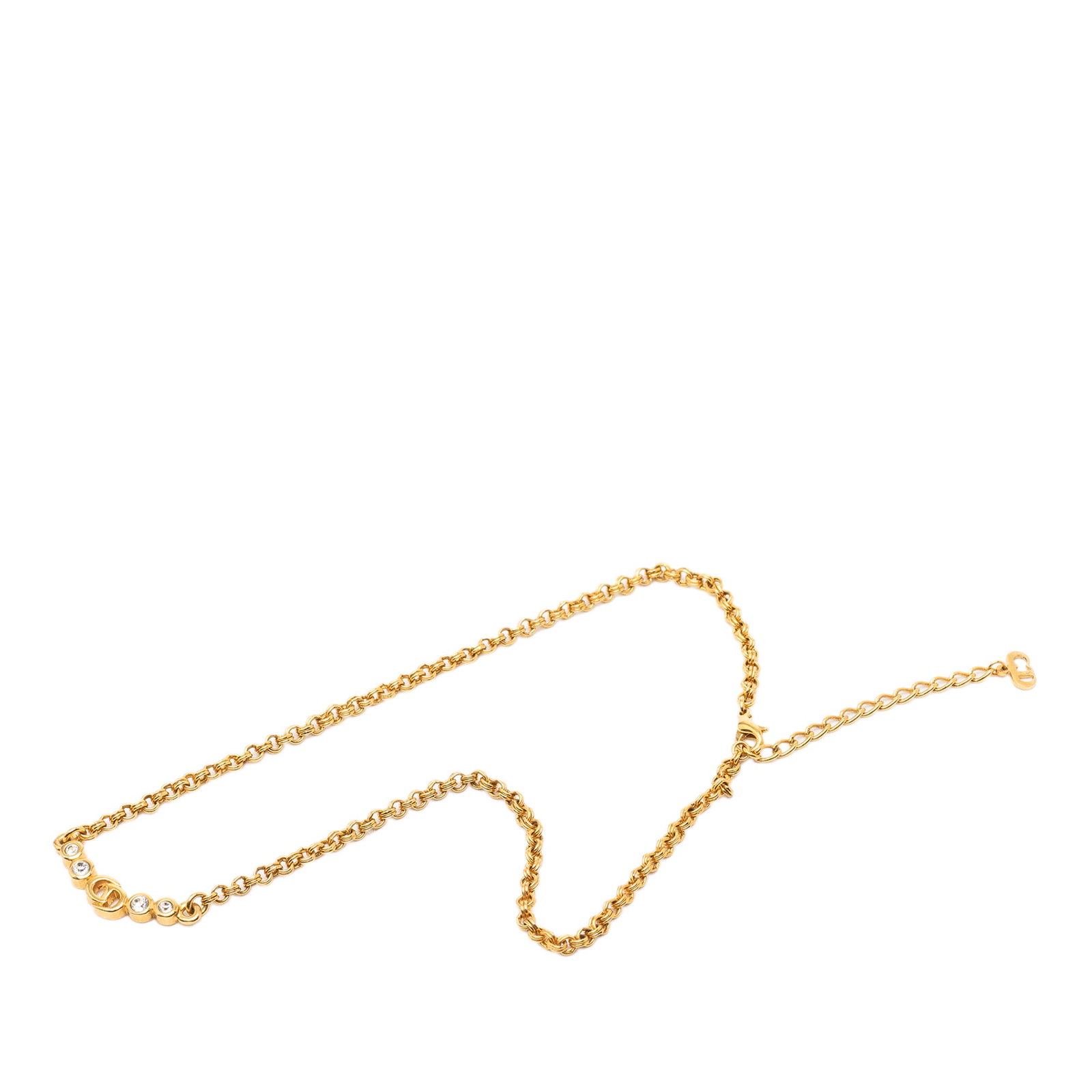 Dior CD Pendant Necklace with Gold Tone Chain and Rhinestones: Dior CD Pendant Necklace with Gold Tone Chain and Rhinestones This Dior necklace features a gold-tone chain adorned with a rhinestone-embellished CD pendant and is secured by a lobster clasp. The neck