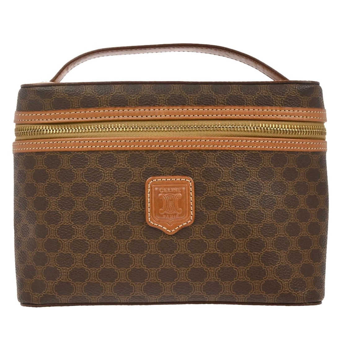 Celine Macadam Brown PVC Leather Vanity Top Handle Bag MC97/2: Celine Macadam Brown PVC Leather Vanity Top Handle Bag MC97/2 This Celine Brown Macadam Vanity Handbag features the signature Macadam pattern and is crafted from PVC leather. Designed in a small size,