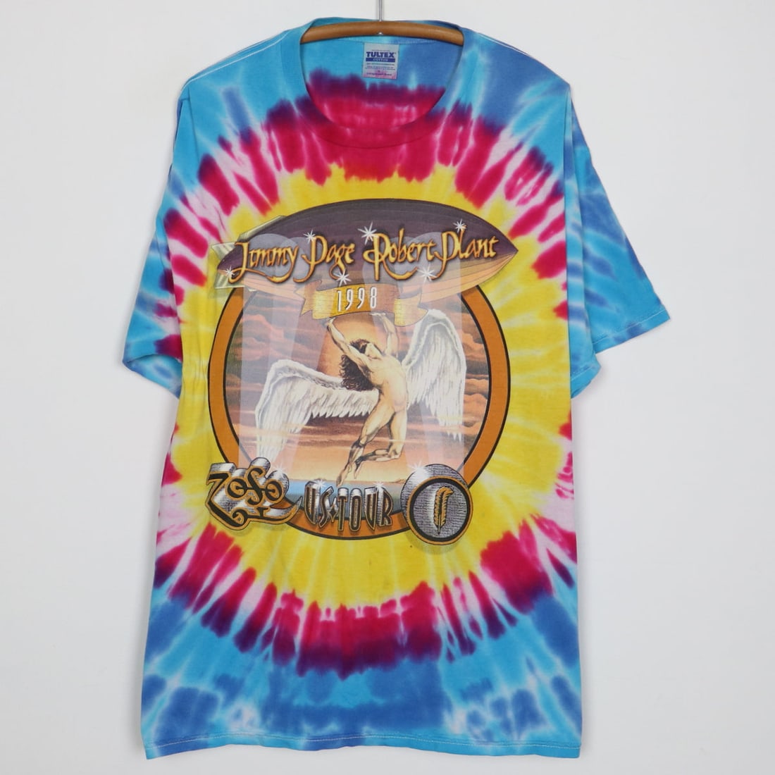 Vintage 1998 Tie Dye Zoso Tour Shirt Jimmy Page Robert Plant: Vintage 1998 Tie Dye Zoso Tour Shirt Jimmy Page Robert Plant This is an original vintage 1998 Jimmy Page Robert Plant Zoso Tour tie-dye shirt, featuring graphics on both the front and back. The shirt 
