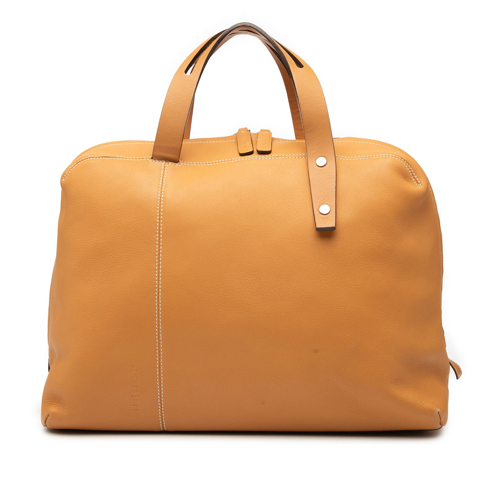 LOEWE Brown Leather Handbag with Zip Closure: LOEWE Brown Leather Handbag with Zip Closure This exquisite LOEWE Leather Handbag showcases a luxurious leather body complemented by flat leather handles for comfortable carrying. It features a secure