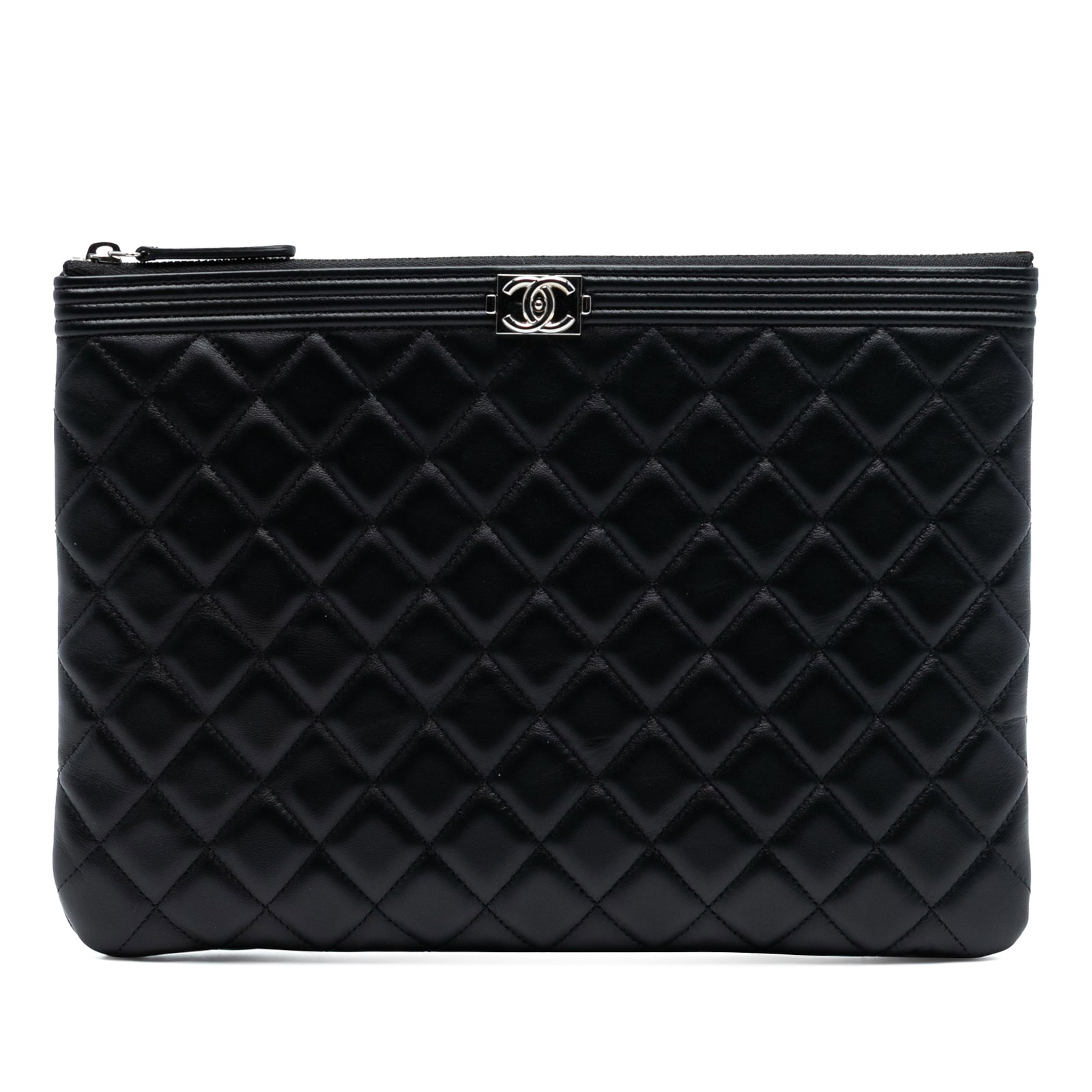 Chanel Boy O Case Black Lambskin Quilted Medium Clutch Bag: Chanel Boy O Case Black Lambskin Quilted Medium Clutch Bag This Chanel Medium Quilted Lambskin Boy O Case Clutch features a quilted black leather body with a top zip closure. The clutch is crafted in 
